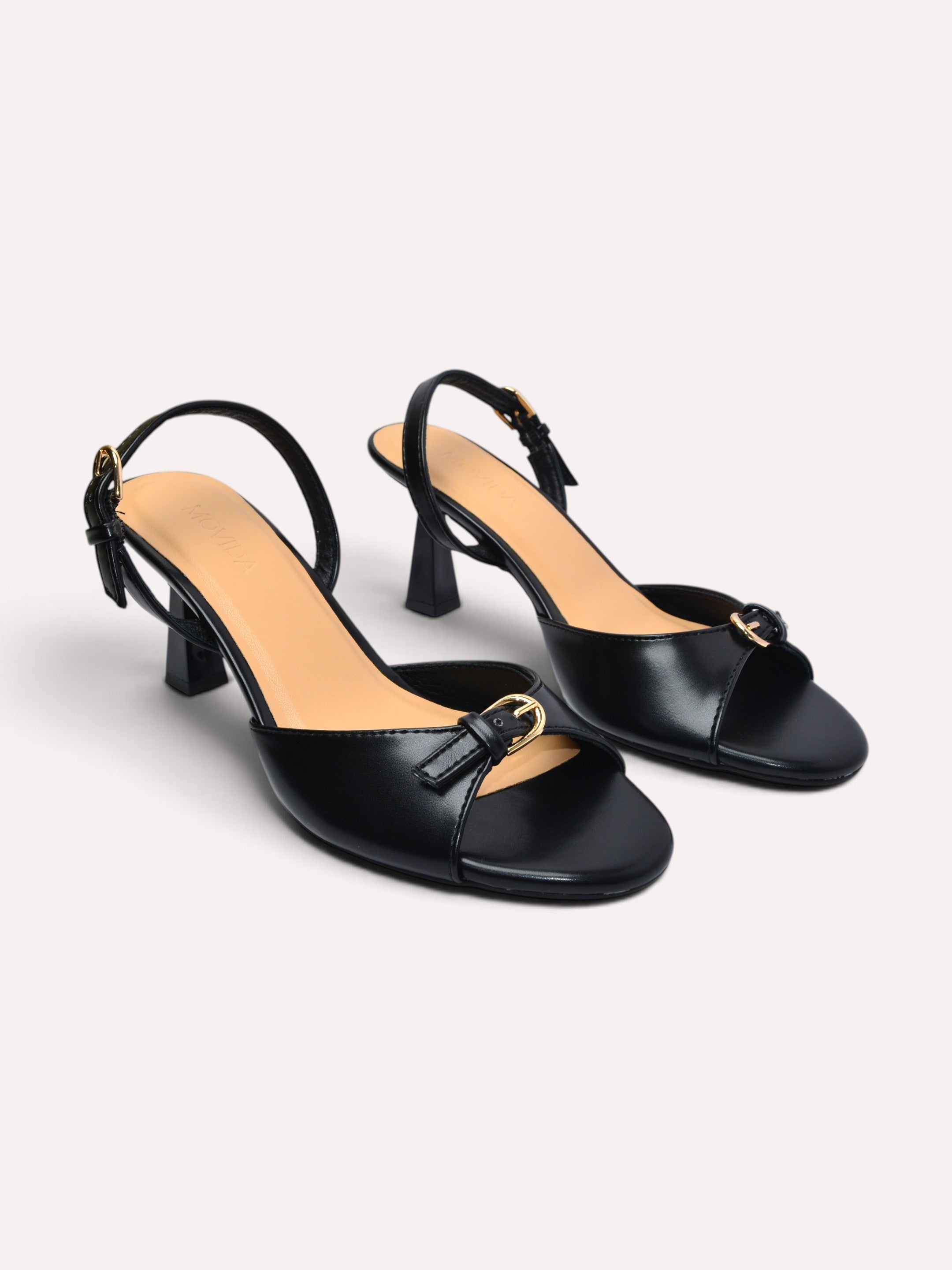 Elara Gold Buckle Strap Trumpet Heel Slingback – Black