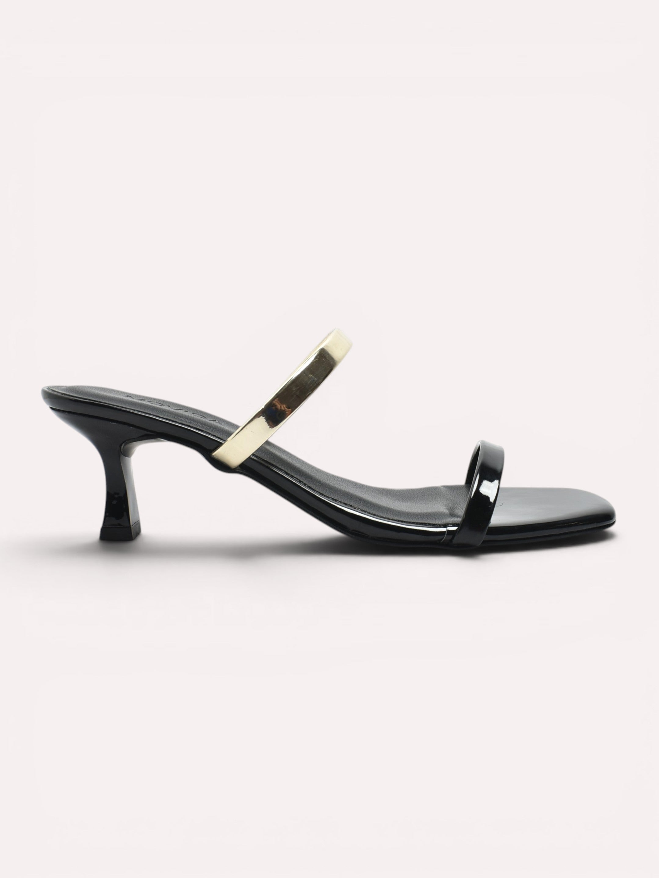 Reva Dual Strap Gold Bar Kitten Heel Mule – Black