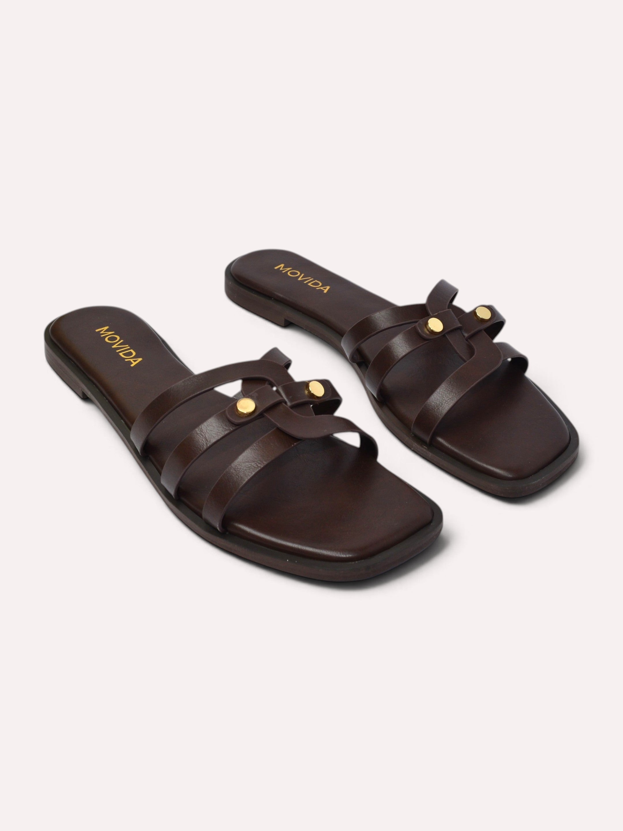 Trio Gold Rivet Triple Strap Flat Slide – Brown
