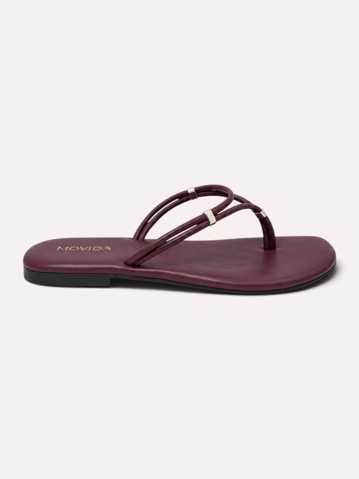 Lino Silver-Trim Dual-Strap Toe-Ring Flat Sandal – Wine – Side Profile View