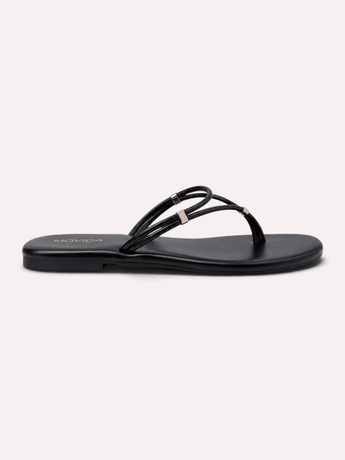 Lino Silver-Trim Dual-Strap Toe-Ring Flat Sandal – Black – Side Profile View