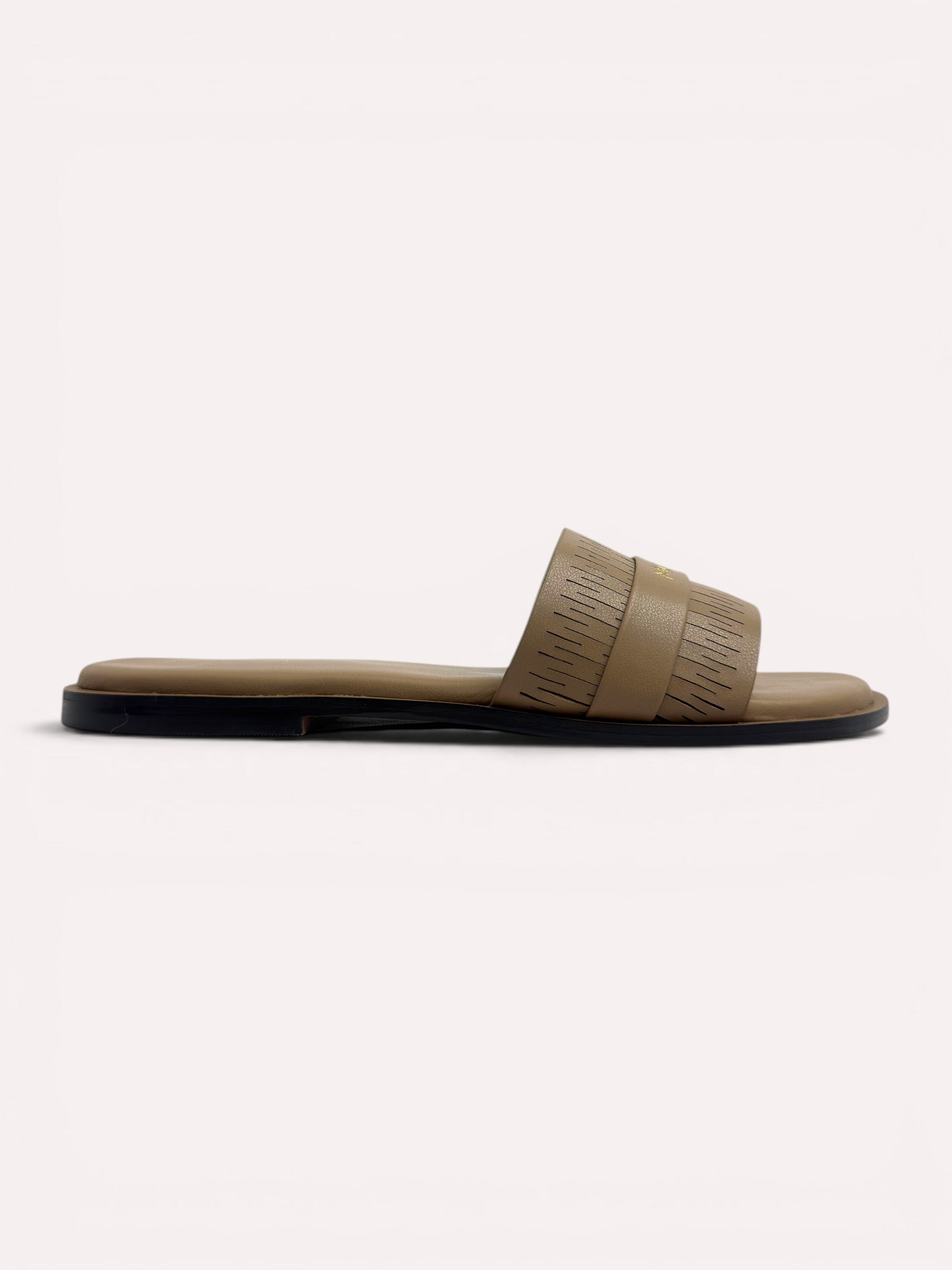 Lara Perforated Logo Strap Flat Slide – Camel