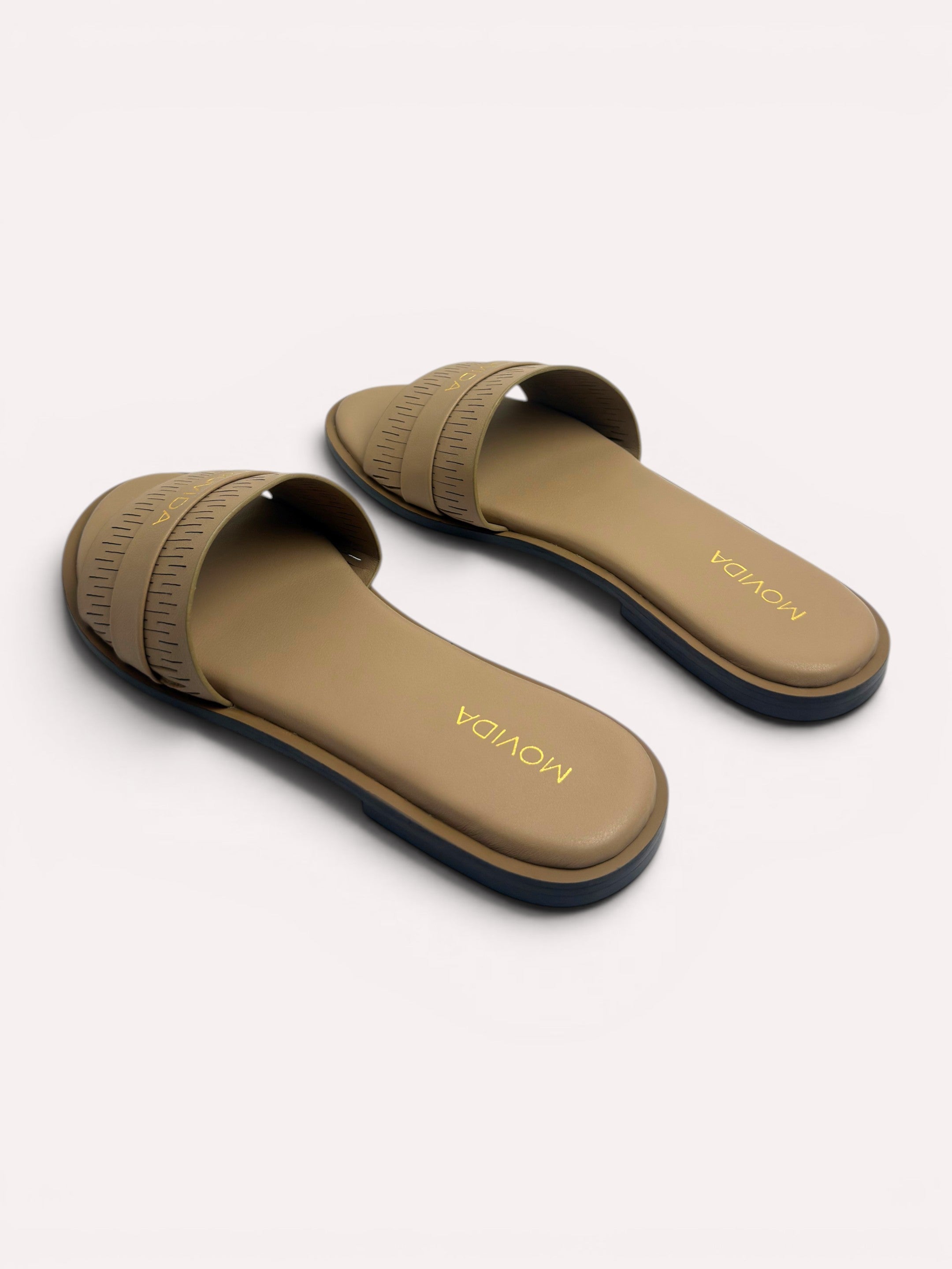 Lara Perforated Logo Strap Flat Slide – Camel