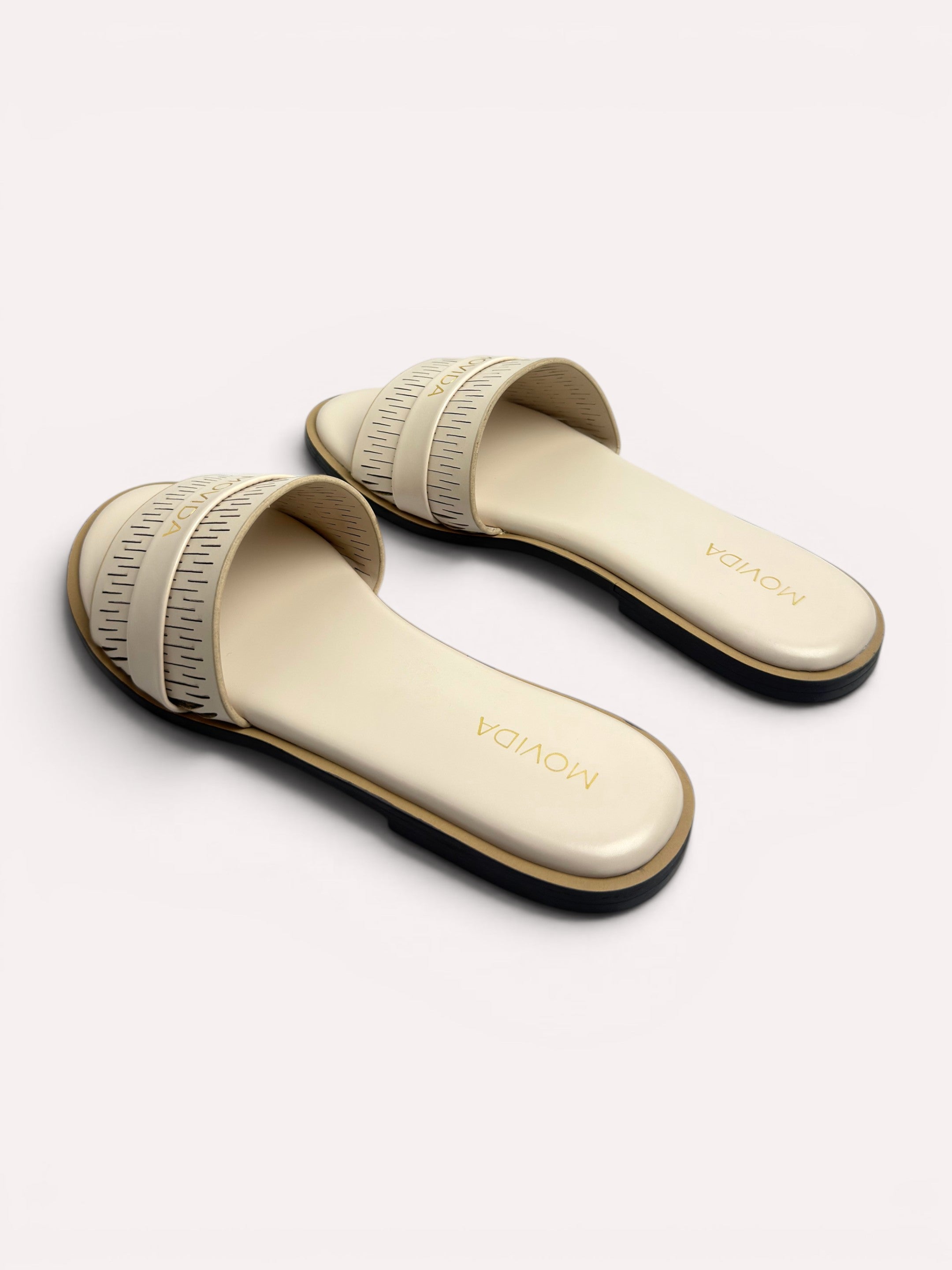 Lara Perforated Logo Strap Flat Slide – Cream