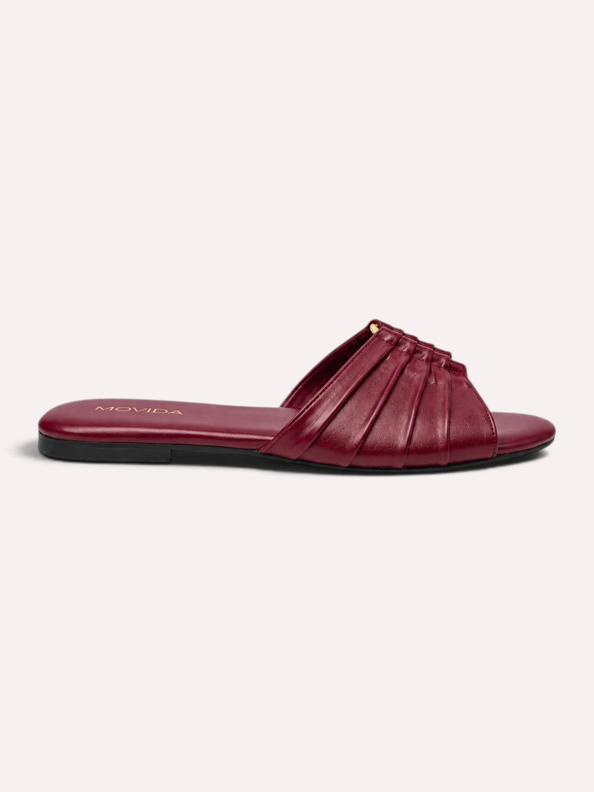 Plisse Gold-Bar Multi-Strap Flat Slide – Maroon – Side Profile View