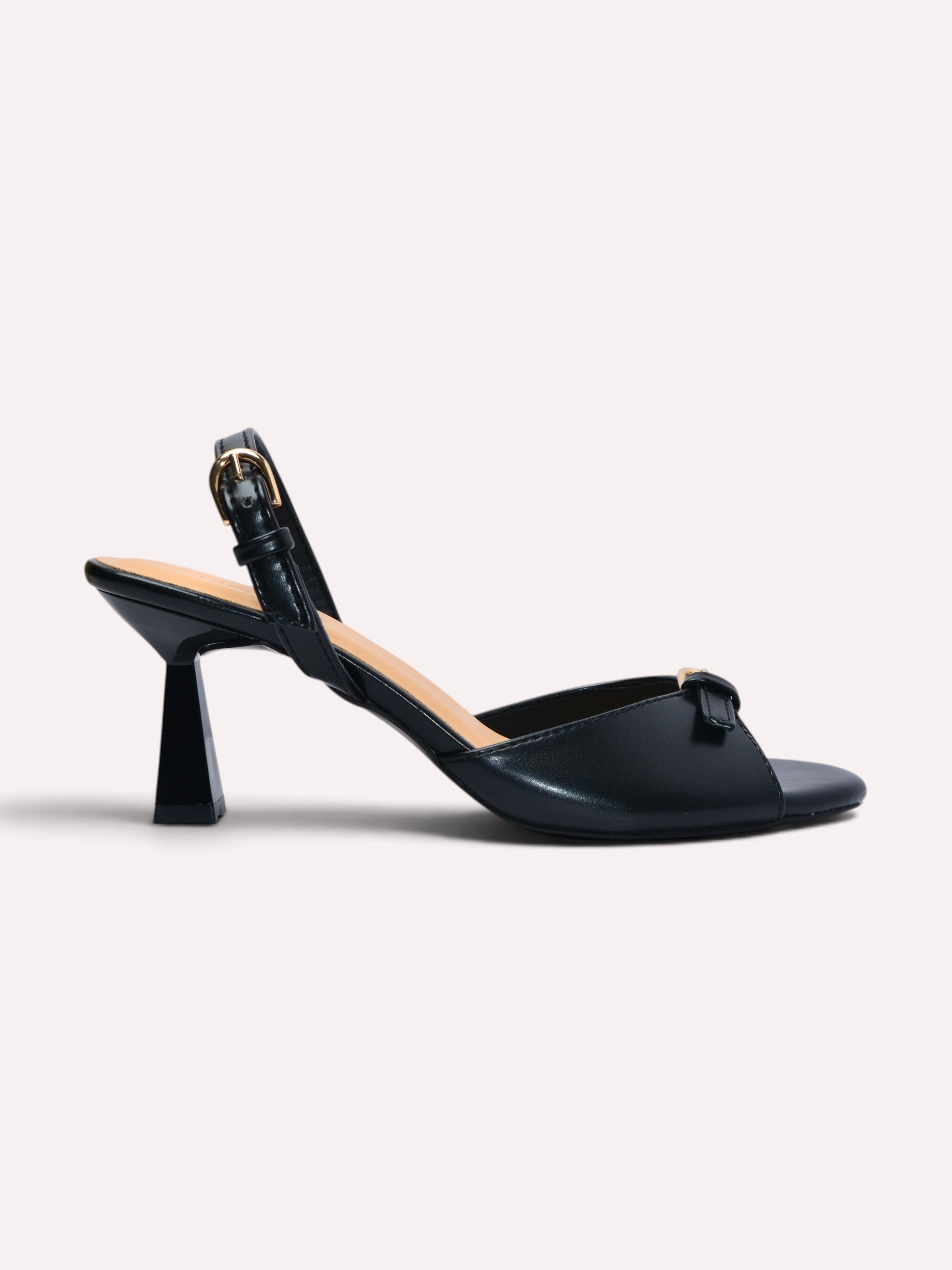 Elara Gold Buckle Strap Trumpet Heel Slingback – Black