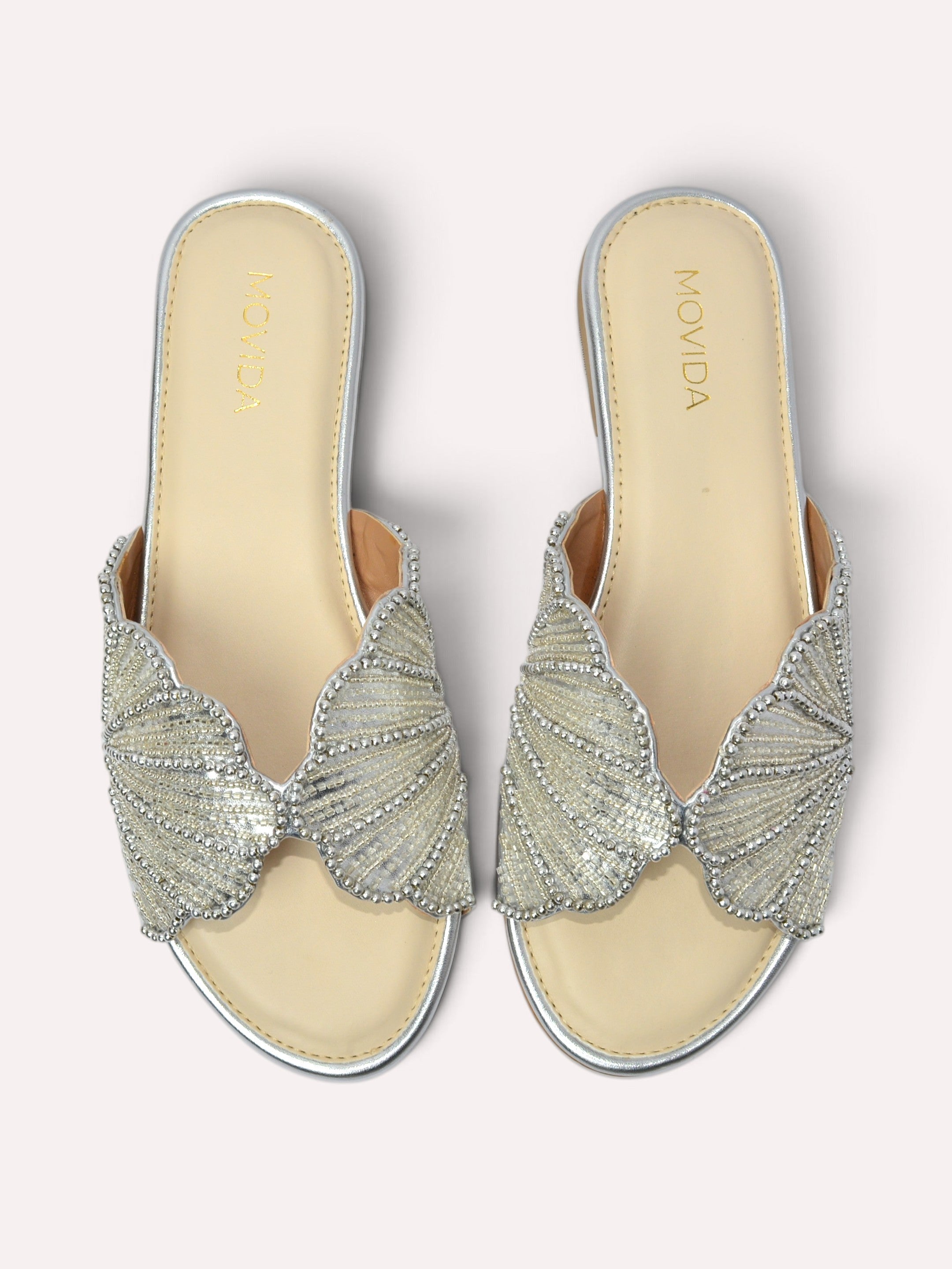 Lyra Pearl Embellished Wing Flat Slide – Silver