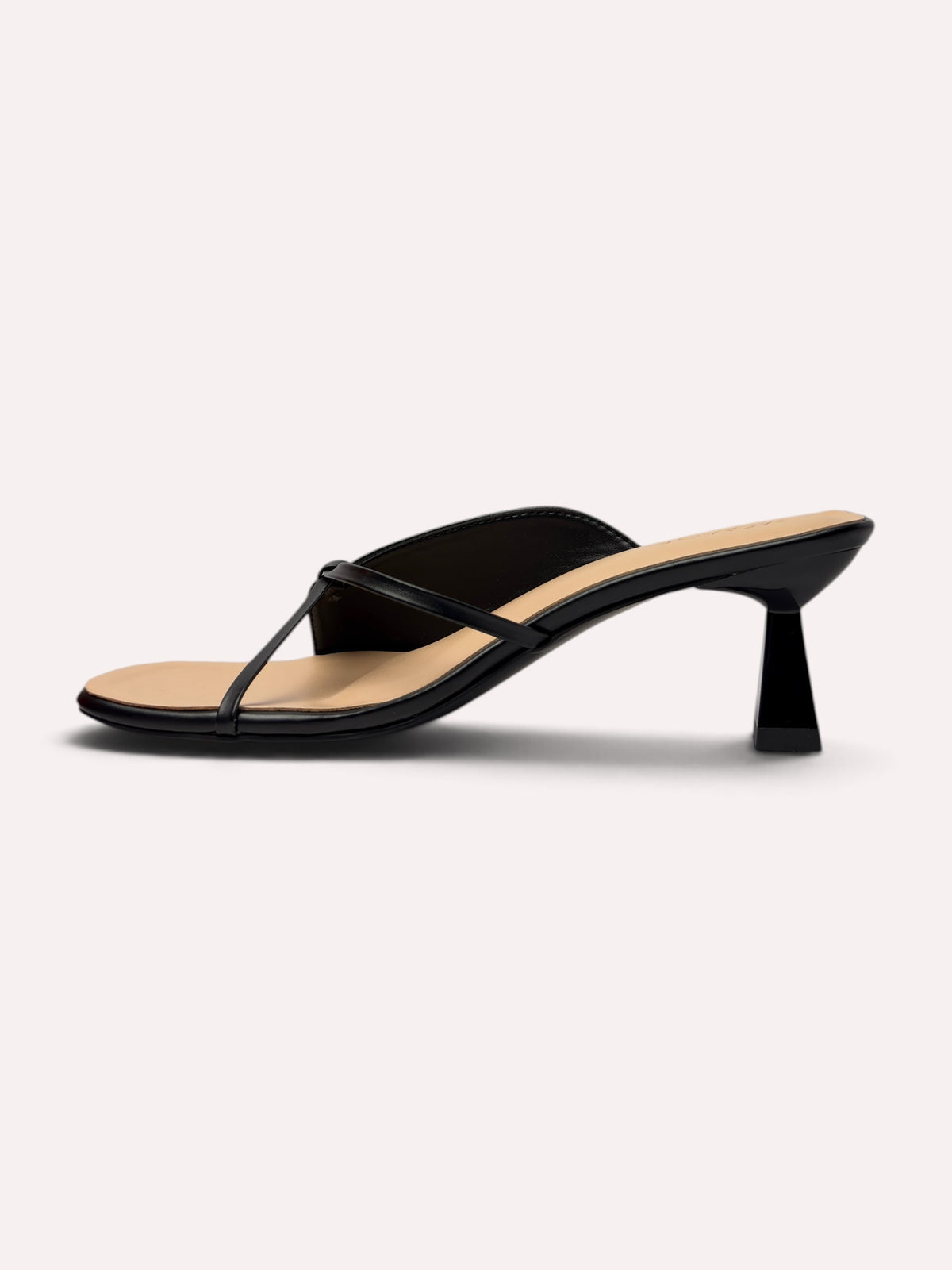 Lumina Sculptural Trumpet-Heel Strappy Mule – Black – Thong Side View