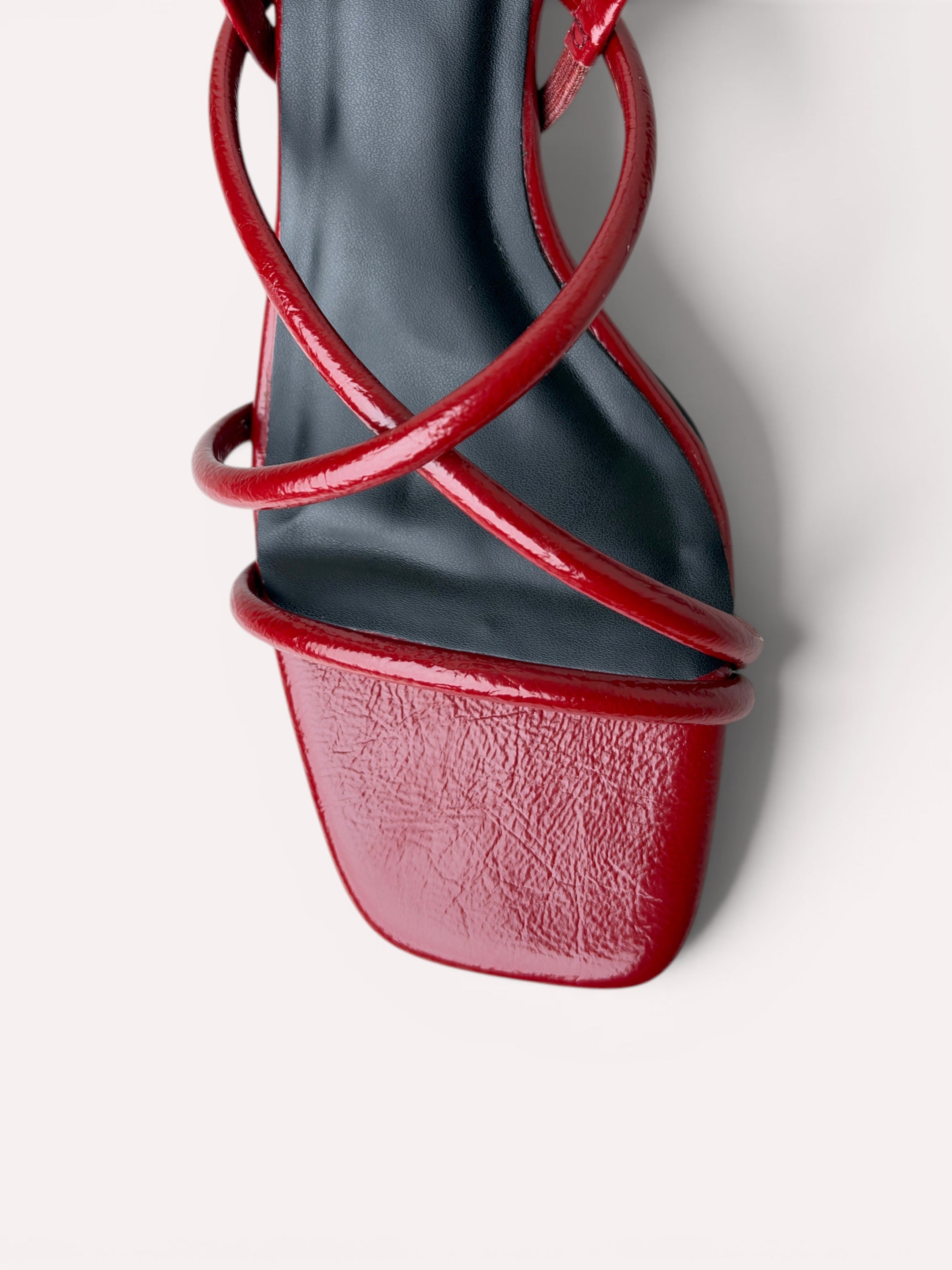 Scarlett Crinkle Patent Multi-Strap Block Heel Mule – Cherry Red