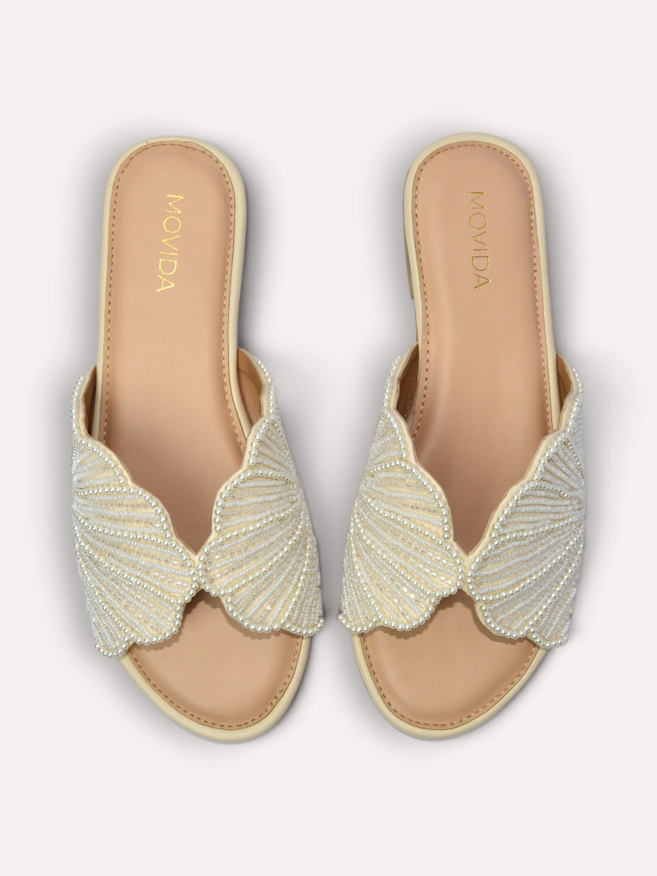 Lyra Pearl Embellished Wing Flat Slide – Cream