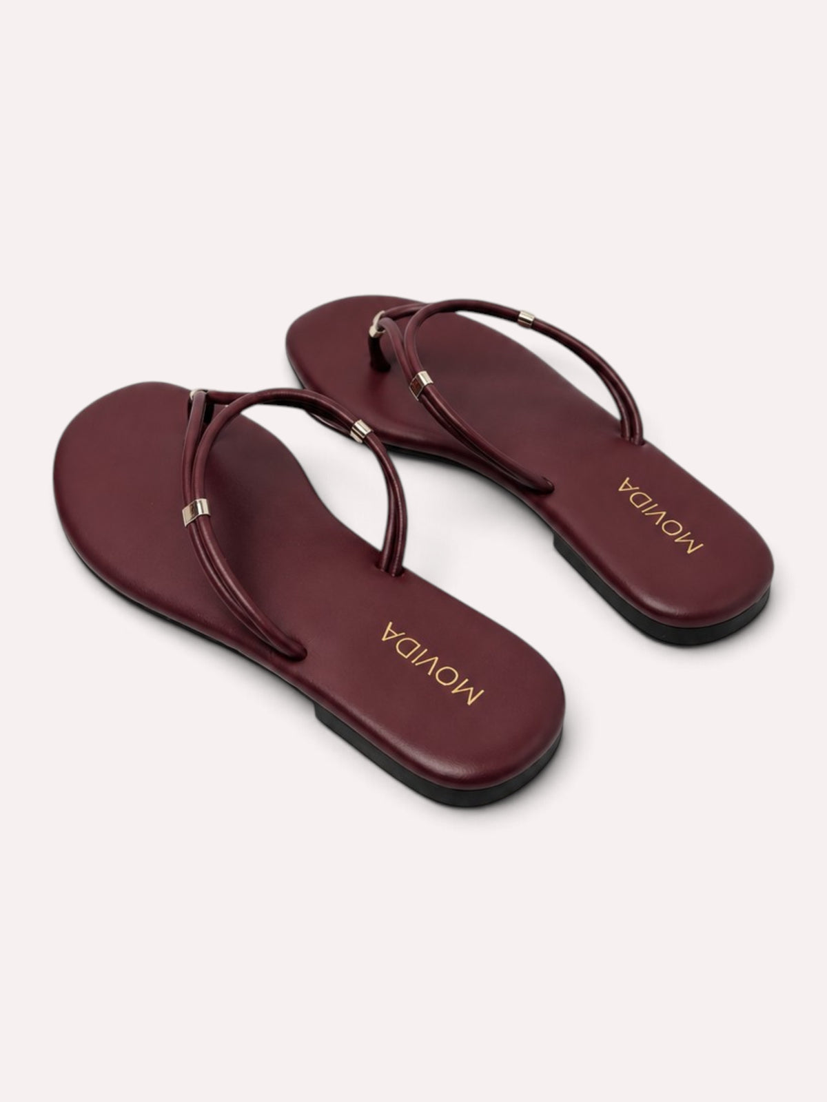 Lino Silver-Trim Dual-Strap Toe-Ring Flat Sandal – Wine – Pair Angled View