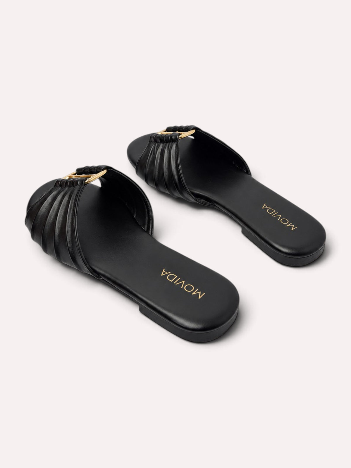 Plisse Gold-Bar Multi-Strap Flat Slide – Black – Pair Back View