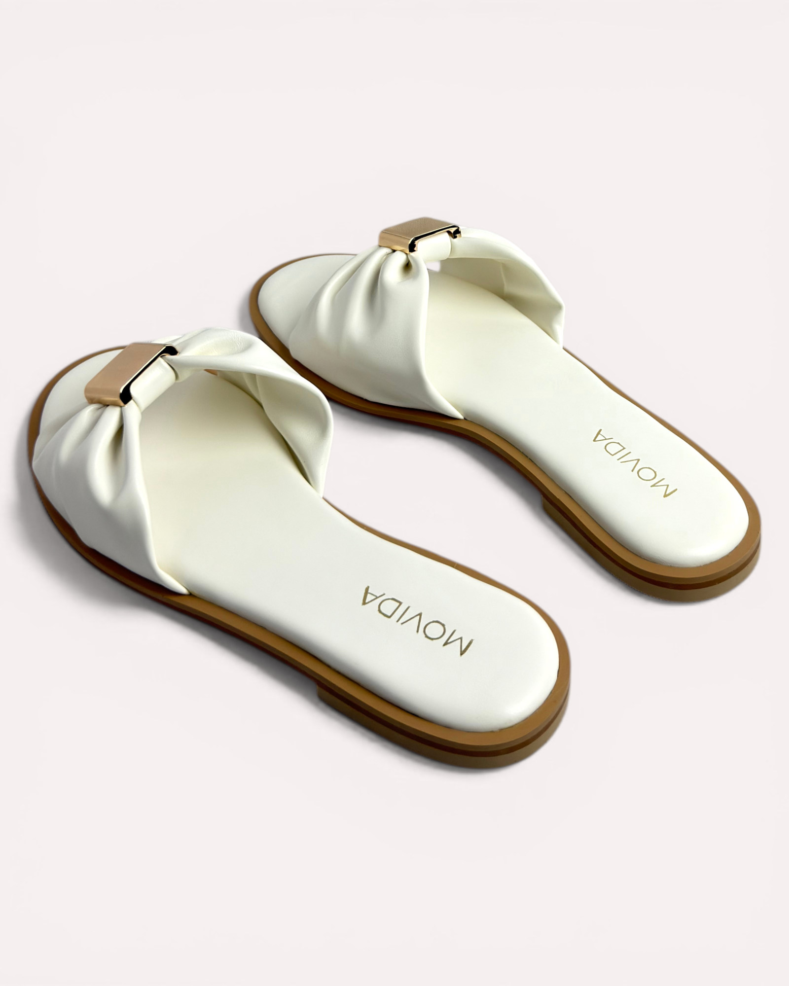 Lumi Ruched Bow-Strap Flat Slide Sandals – White