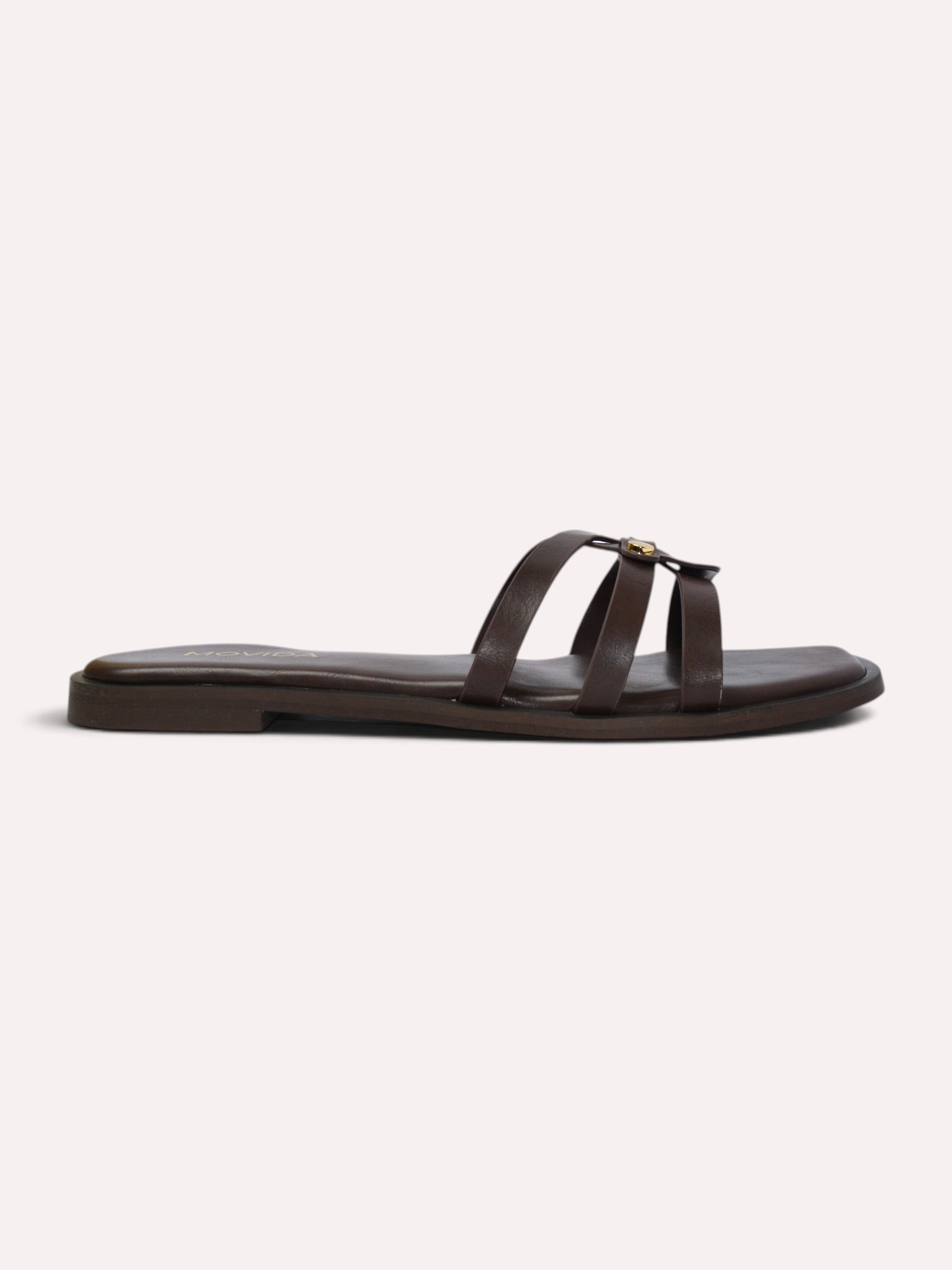 Trio Gold Rivet Triple Strap Flat Slide – Brown