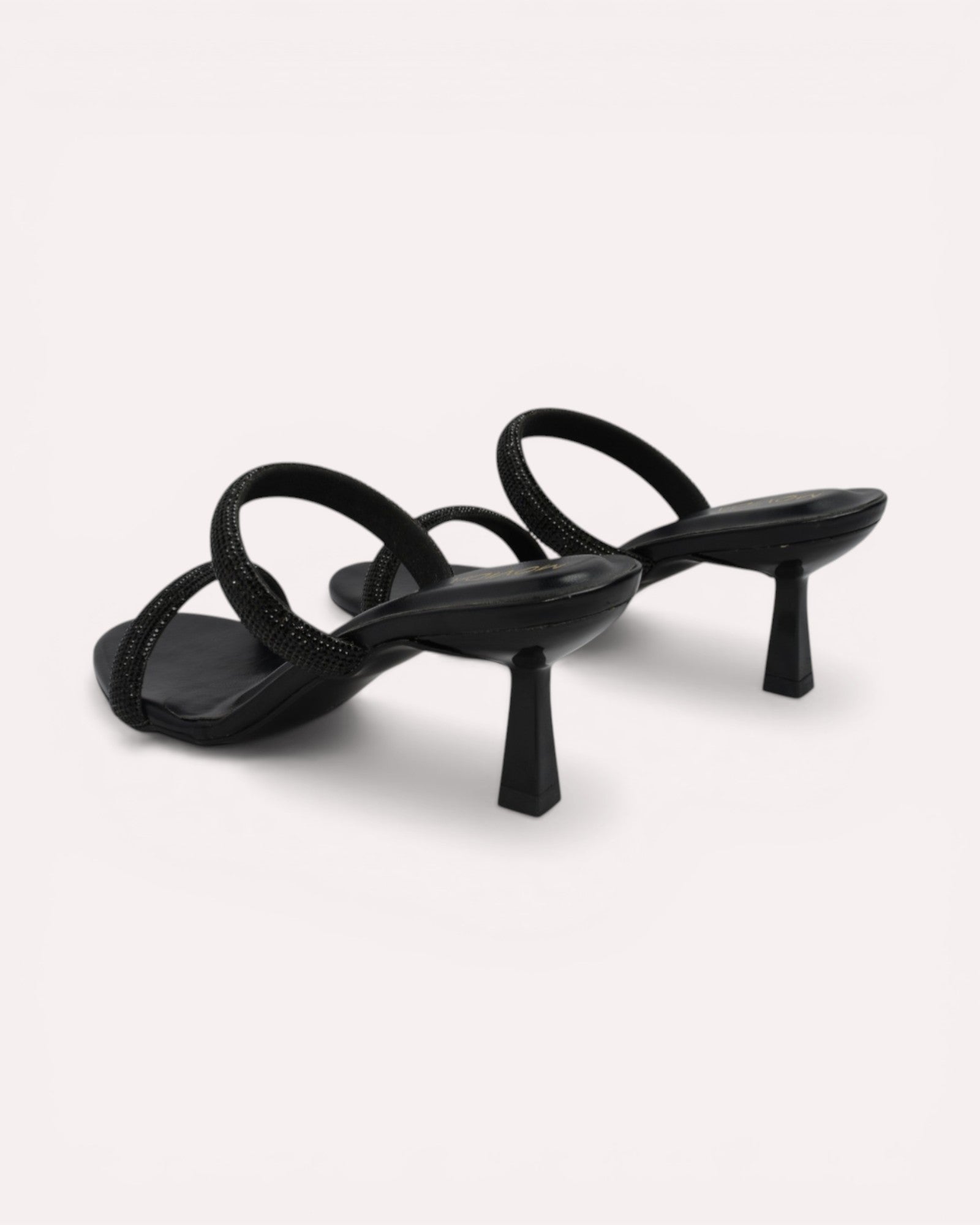 Noir Crystal Dual-Strap Flared Heel Mules – Black