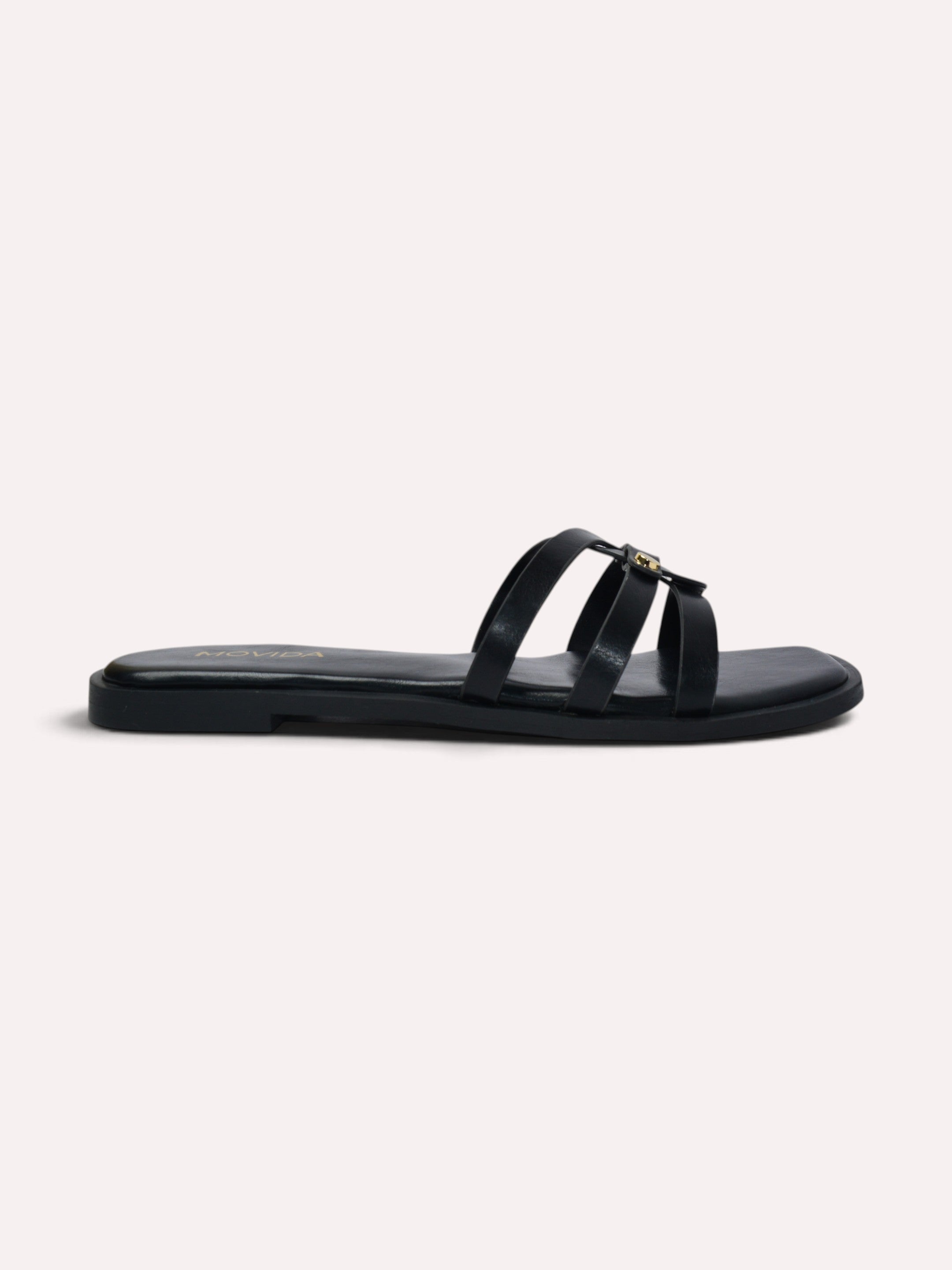 Trio Gold Rivet Triple Strap Flat Slide – Black