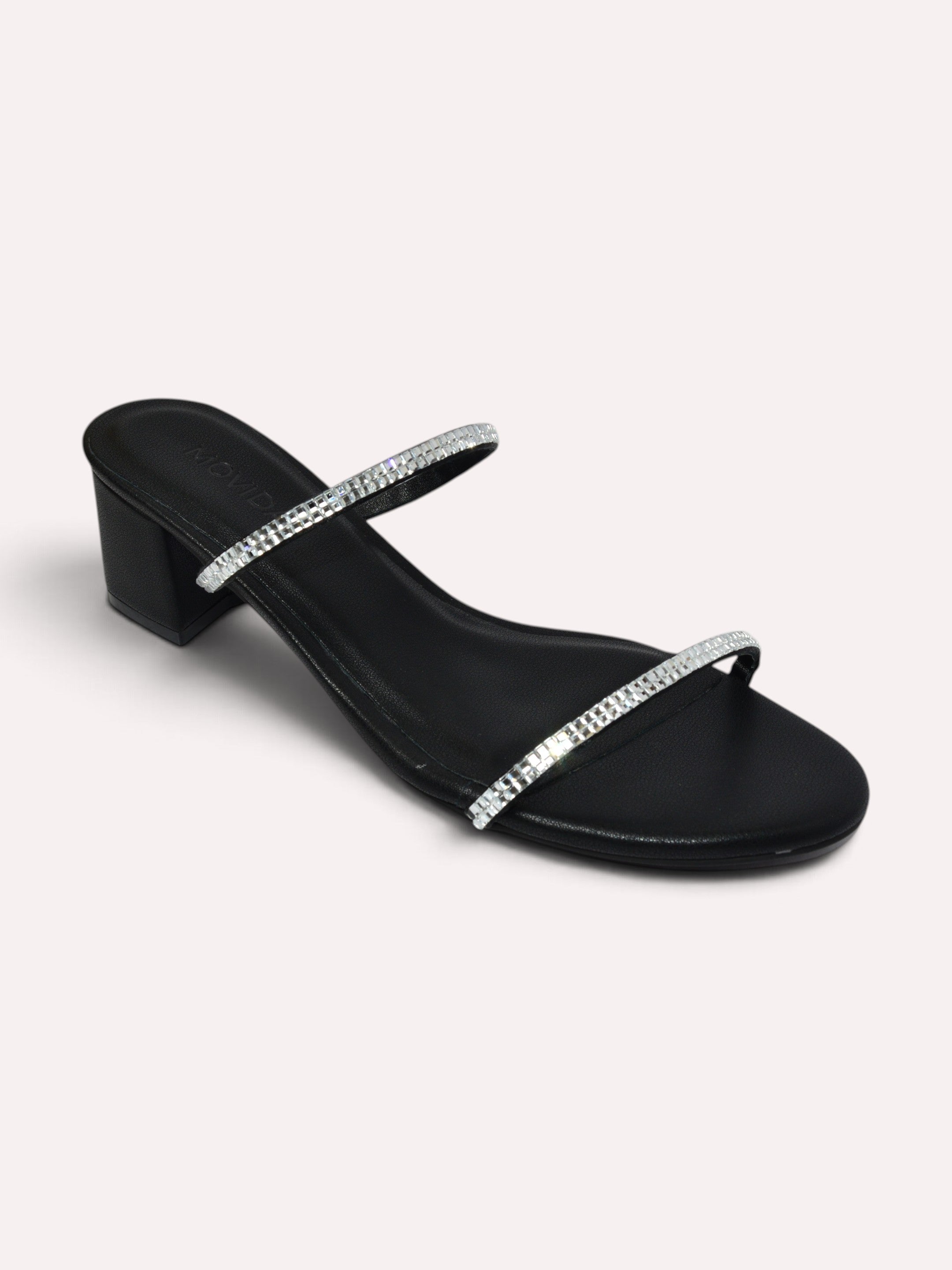 Nova Crystal Strap Block Heel Mule – Black