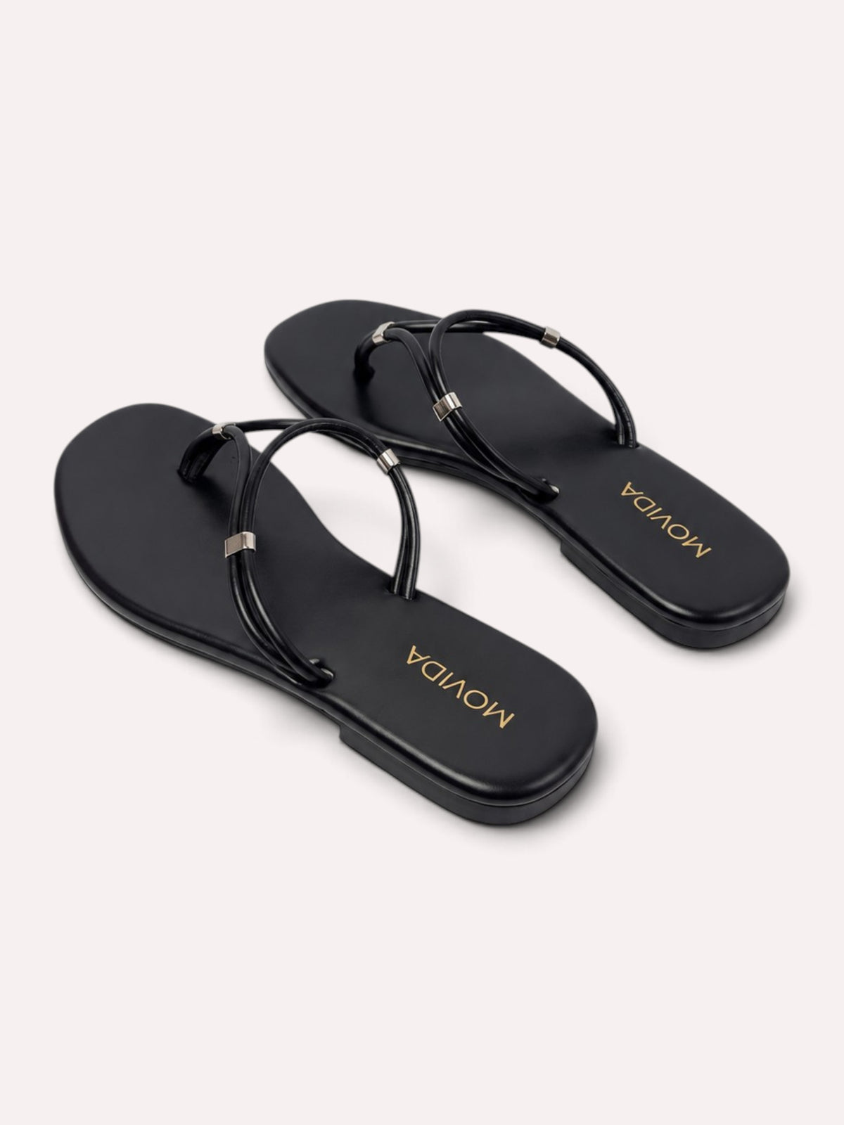Lino Silver-Trim Dual-Strap Toe-Ring Flat Sandal – Black – Pair Angled View