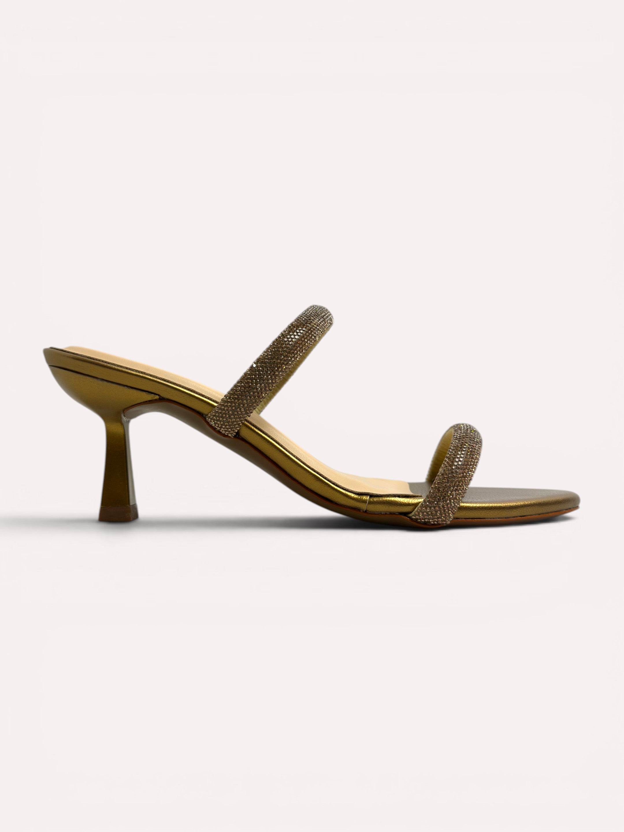 Noir Crystal Dual-Strap Flared Heel Mules – Copper