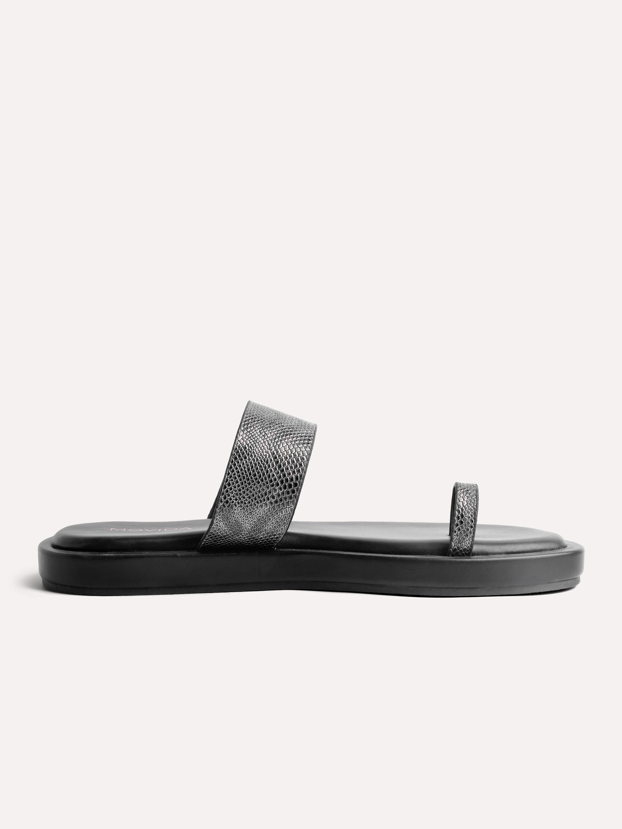 Textured Slip-On Open Toe Sandals  - Gun Metal