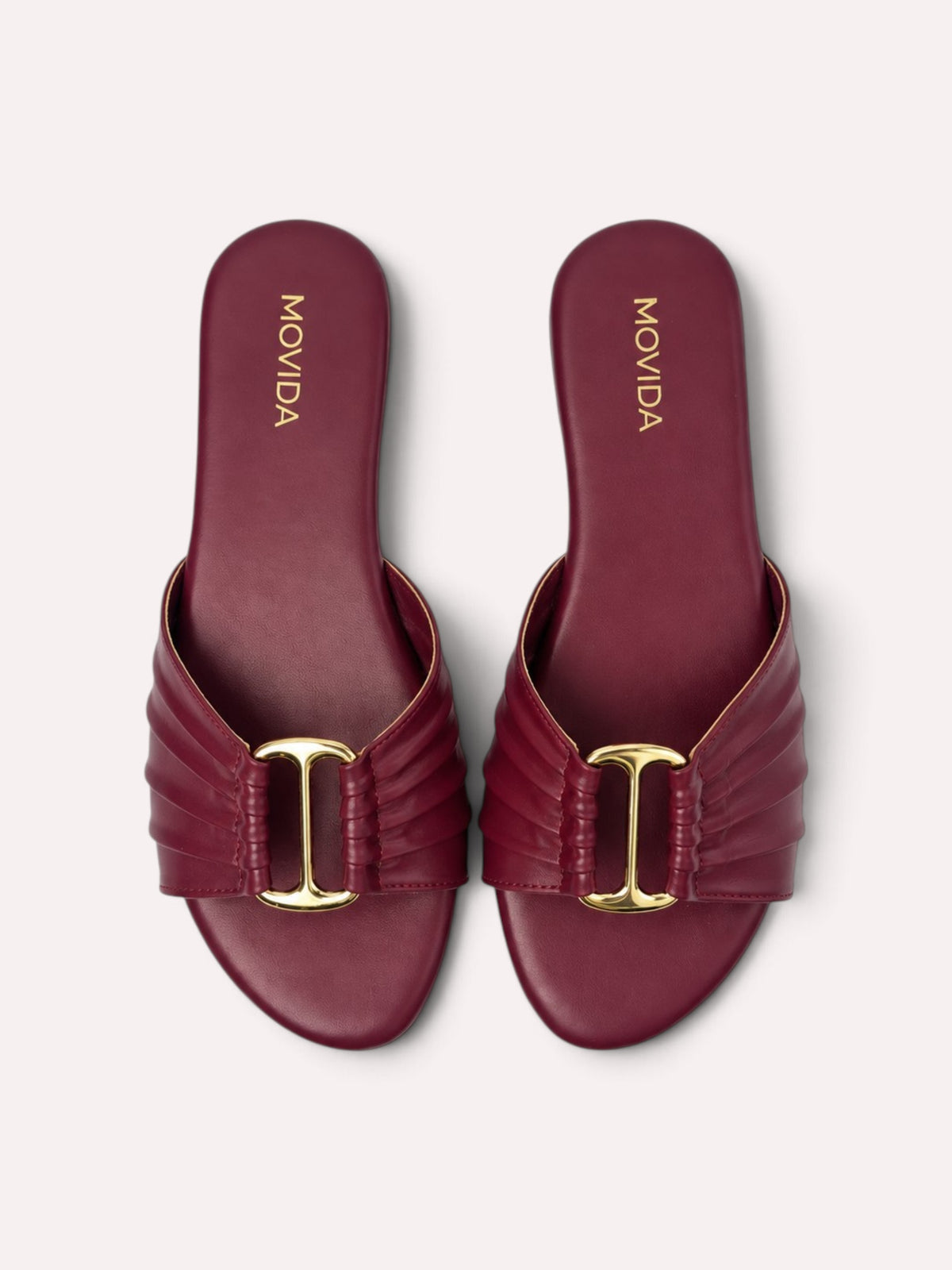 Plisse Gold-Bar Multi-Strap Flat Slide – Maroon – Pair Front View