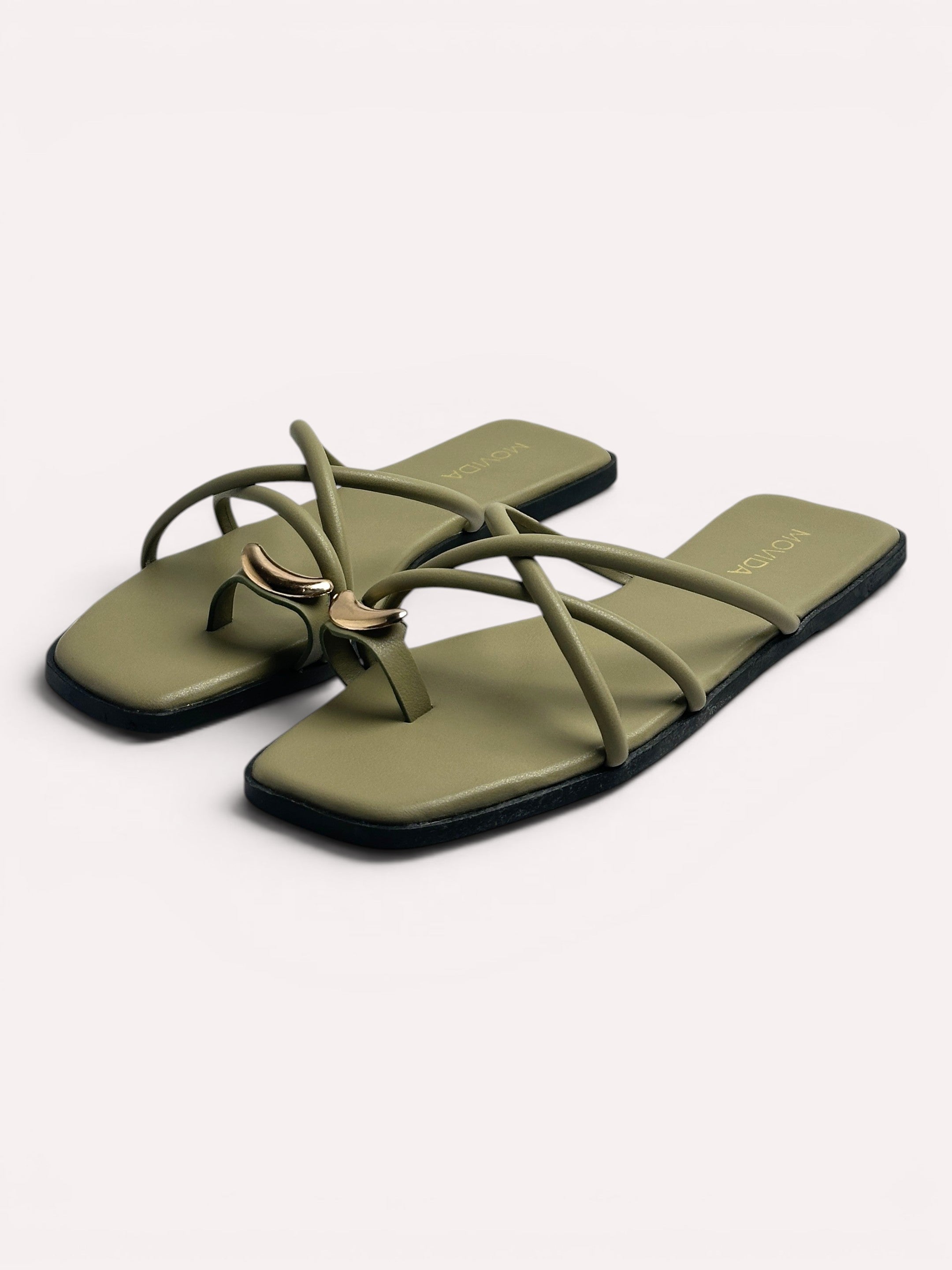 Luna Crescent Multi-Strap Toe Ring Flat Slide - Olive
