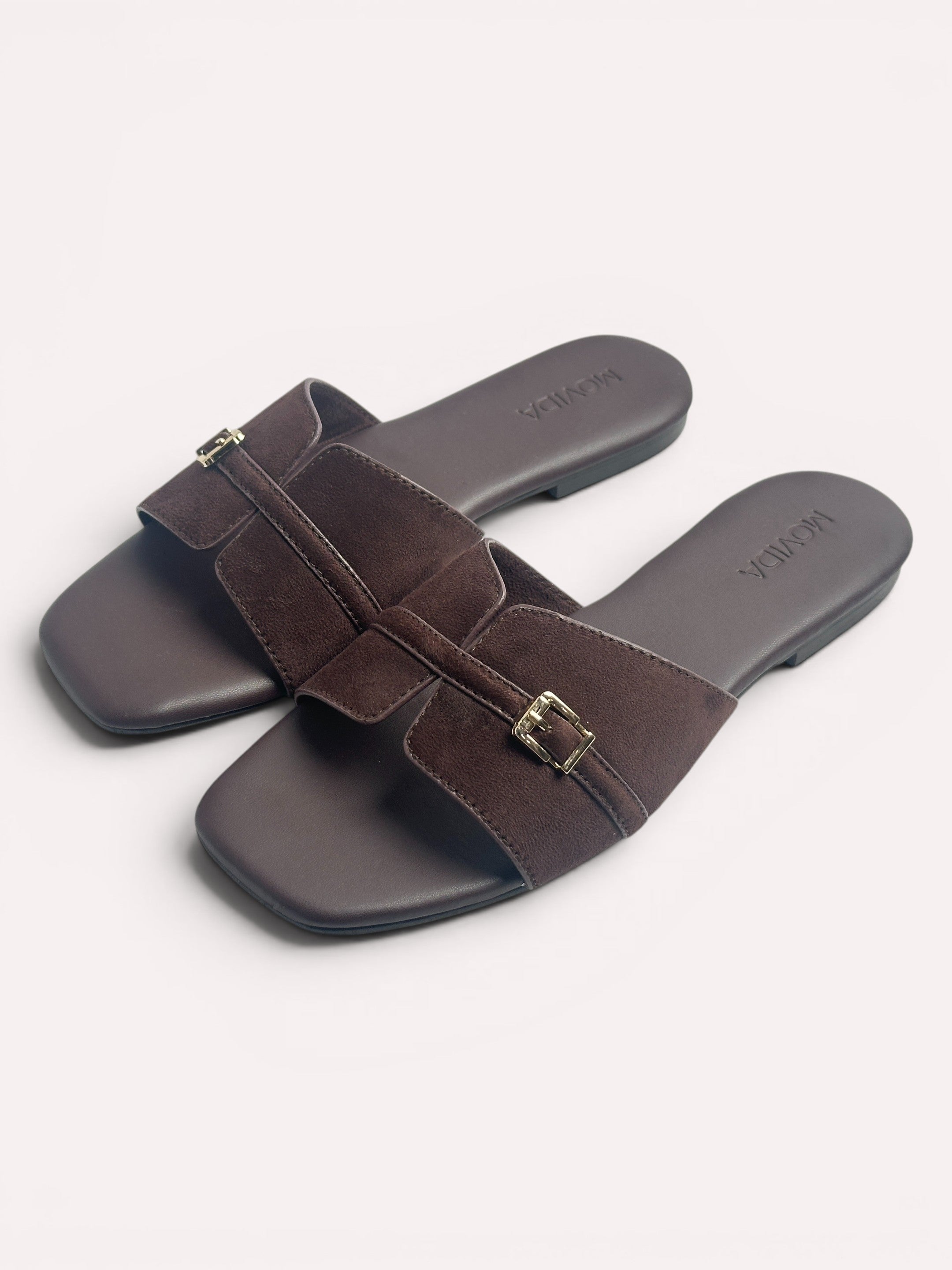 Lucia Buckle Flat Slide-Brown