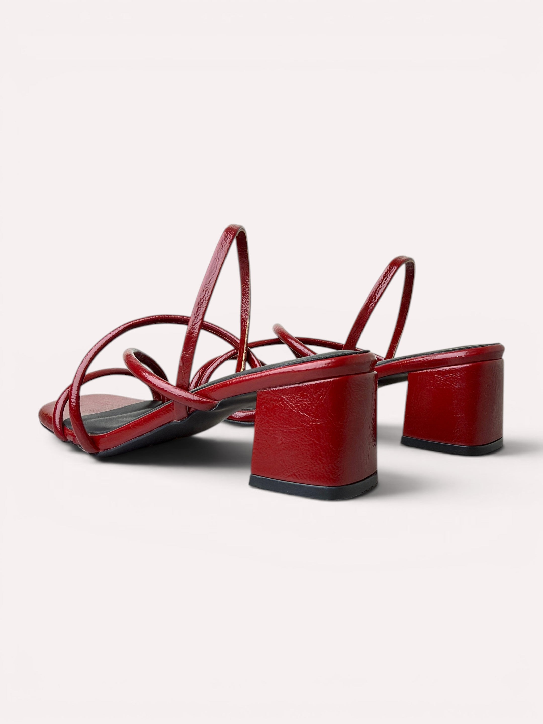 Scarlett Crinkle Patent Multi-Strap Block Heel Mule – Cherry Red