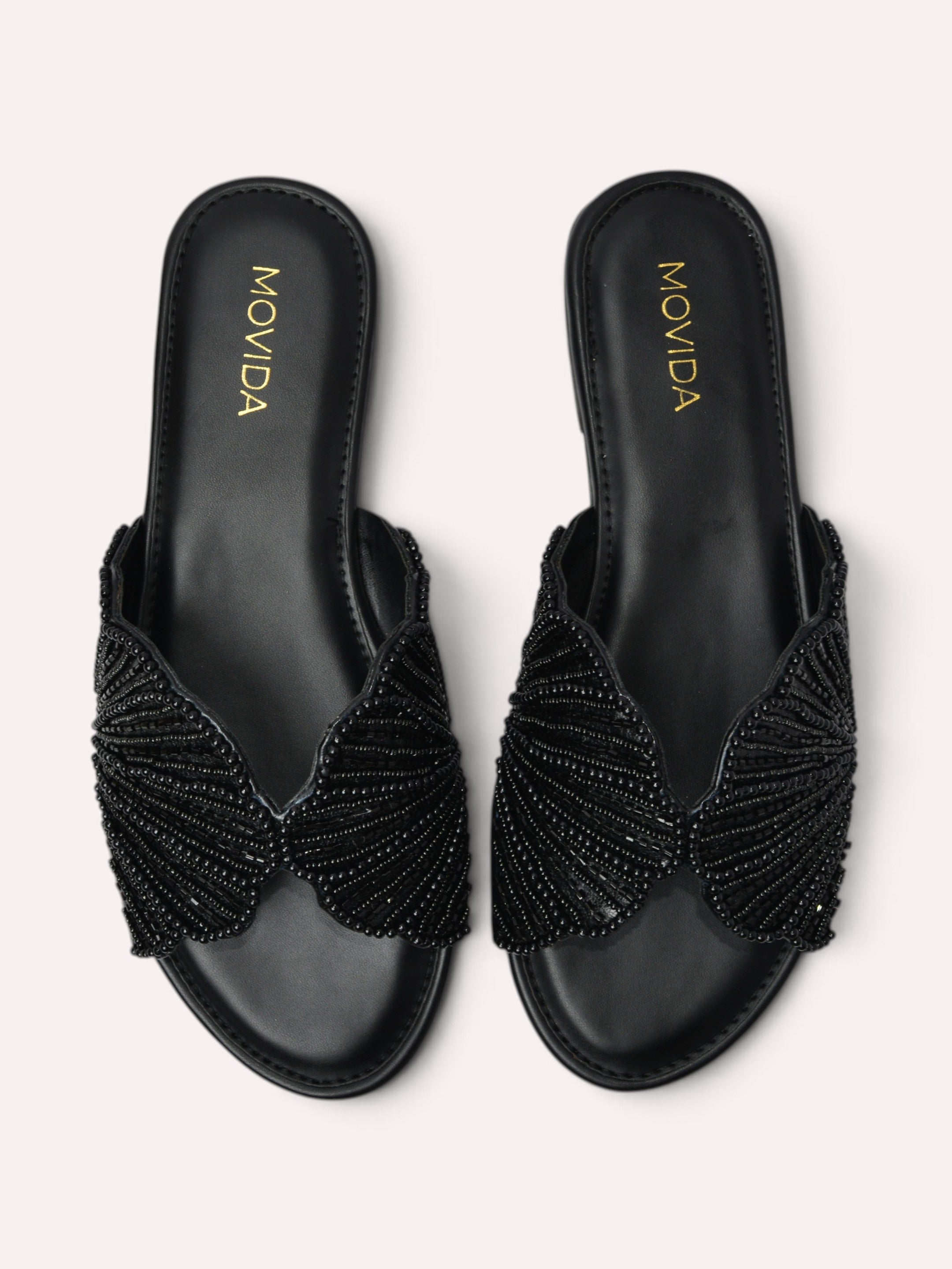Lyra Pearl Embellished Wing Flat Slide – Black
