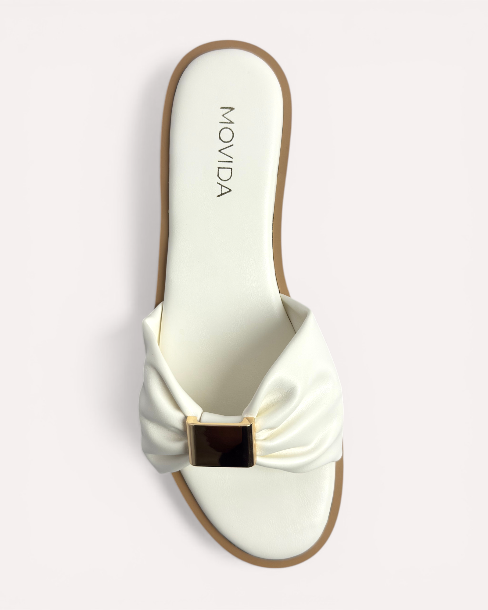 Lumi Ruched Bow-Strap Flat Slide Sandals – White