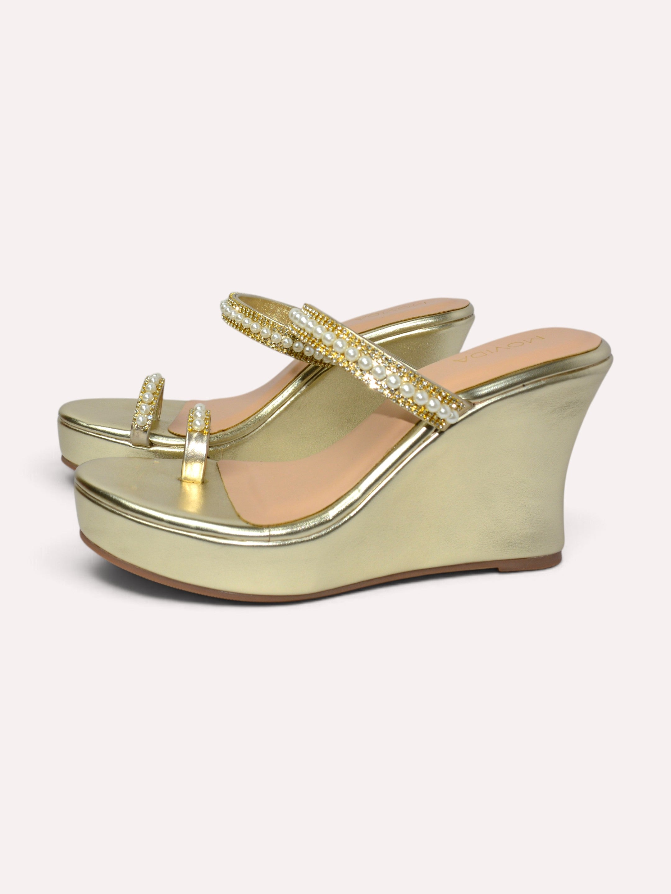  Zara Pearl Crystal Toe Ring Wedge Mule – Gold