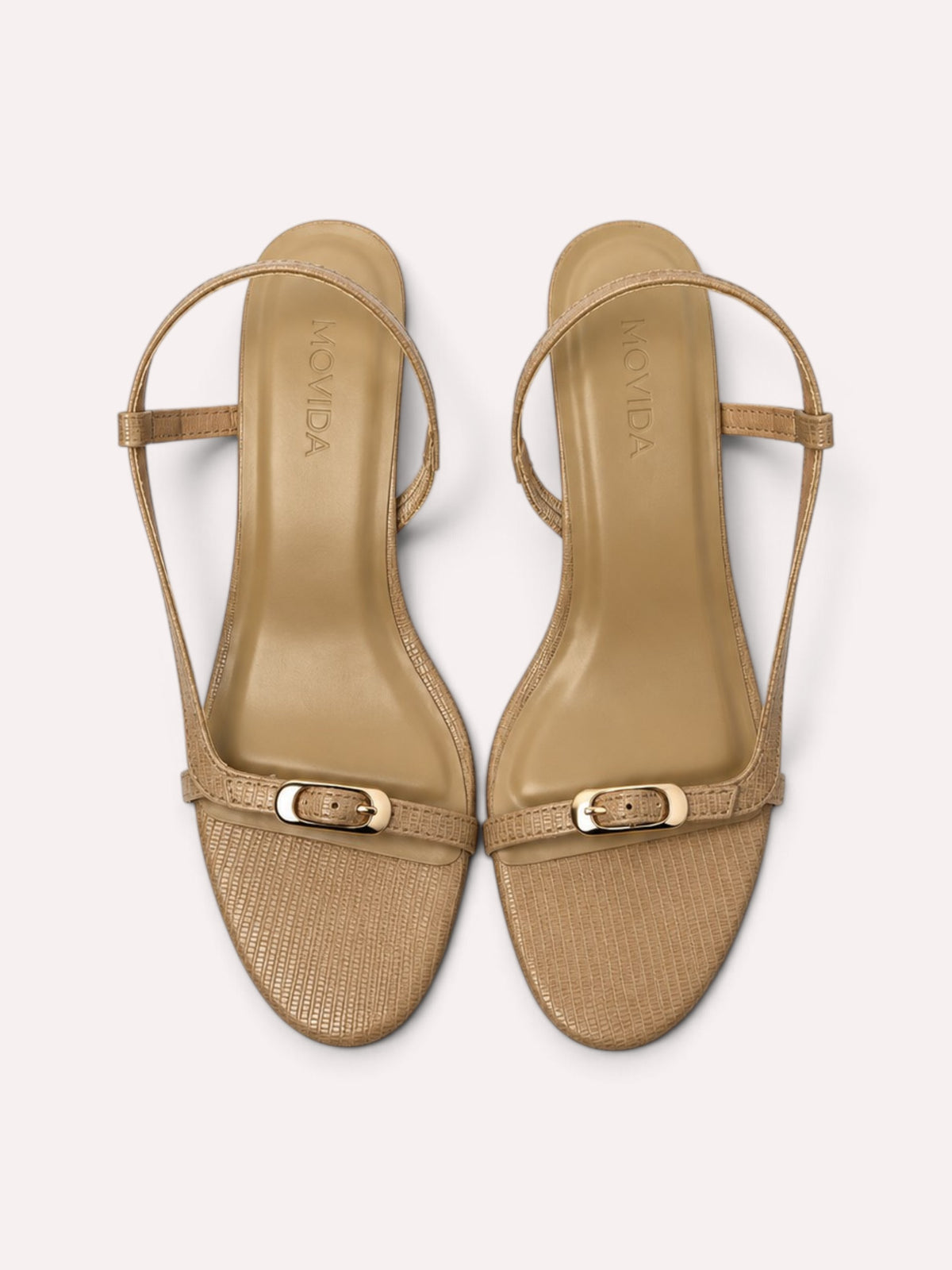 Sienna Lizard-Embossed Slingback Sculptural Heel – Beige – Back Heel View