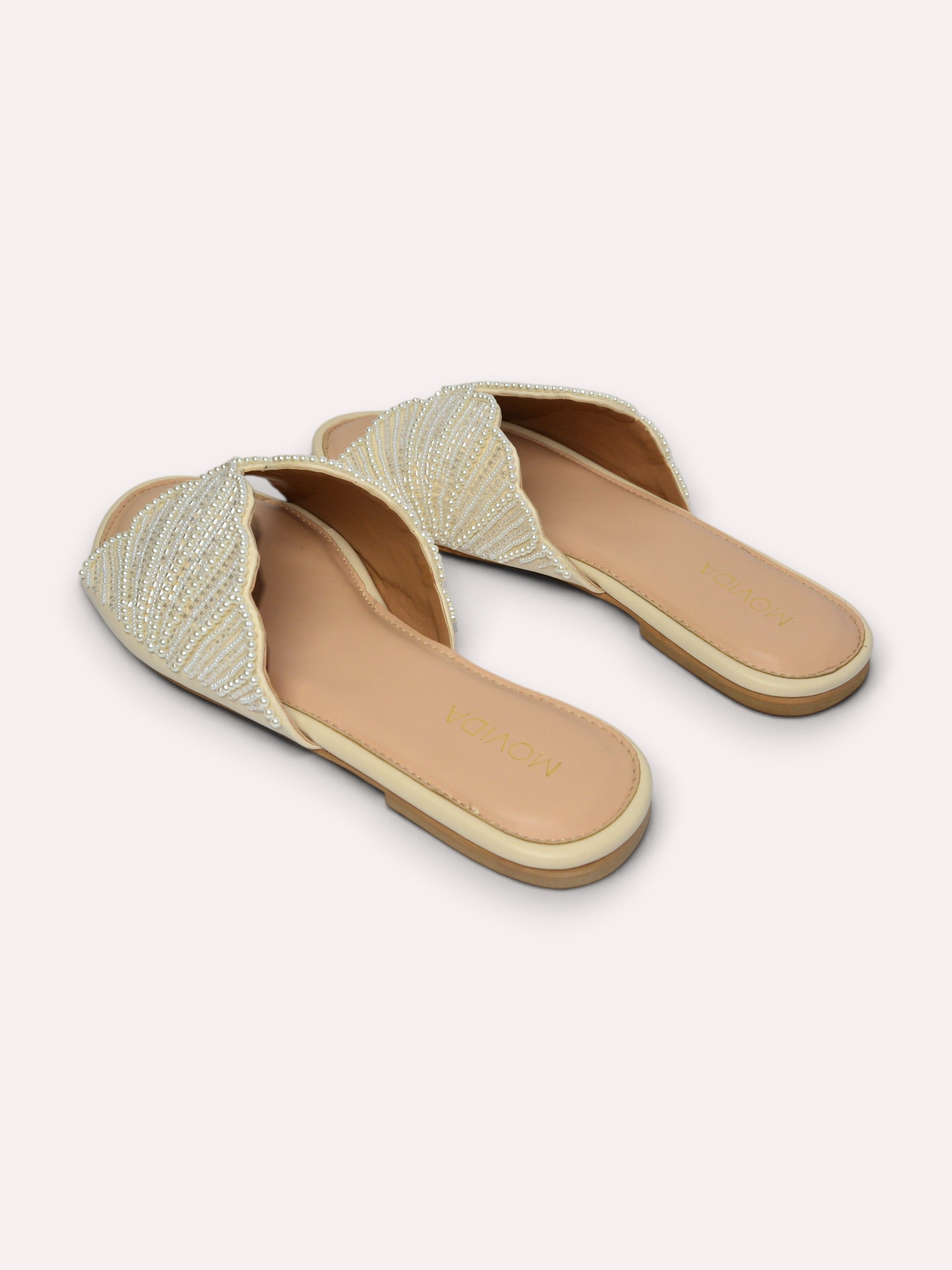 Lyra Pearl Embellished Wing Flat Slide – Cream