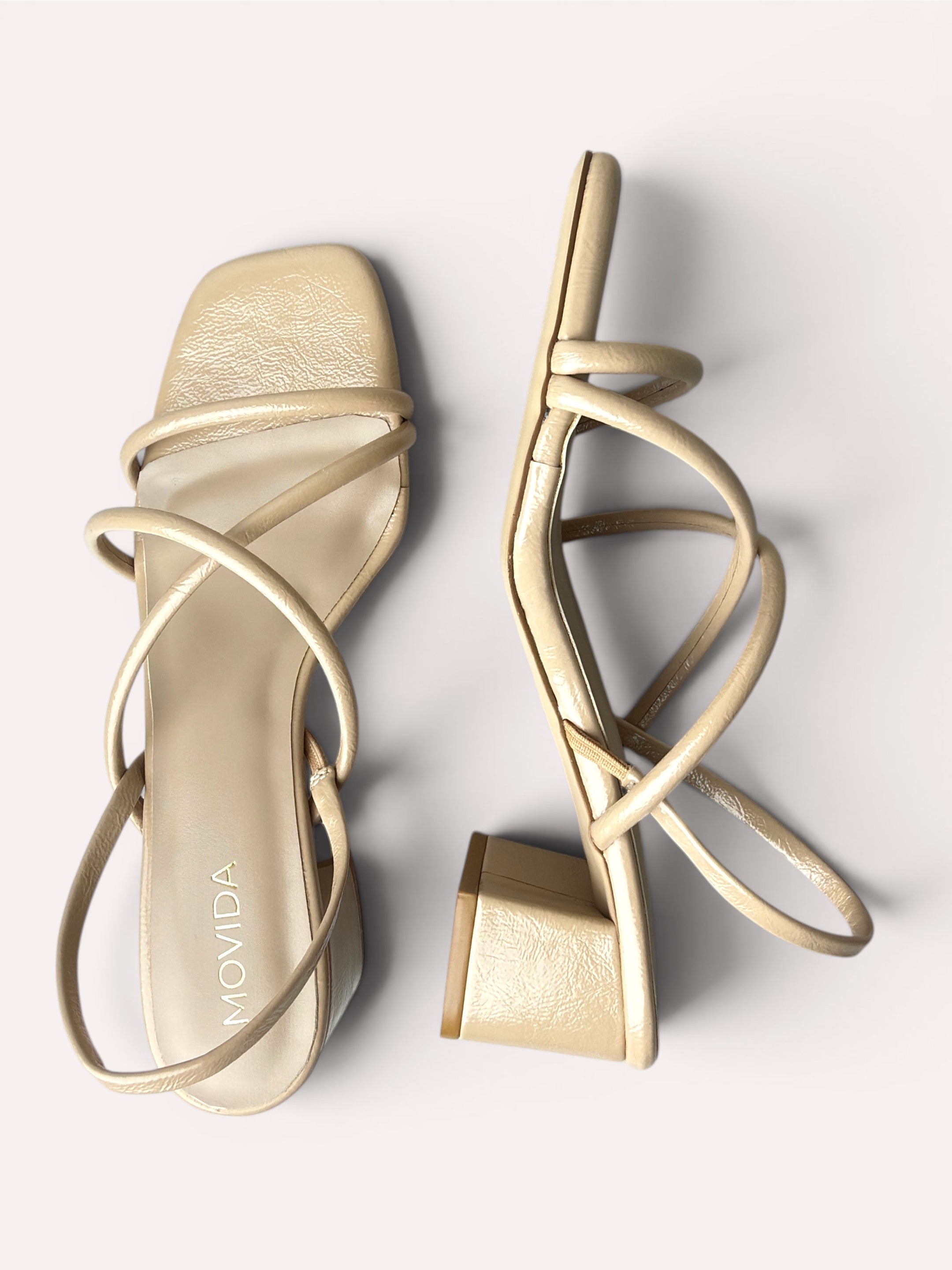 Scarlett Crinkle Patent Multi-Strap Block Heel Mule – Beige