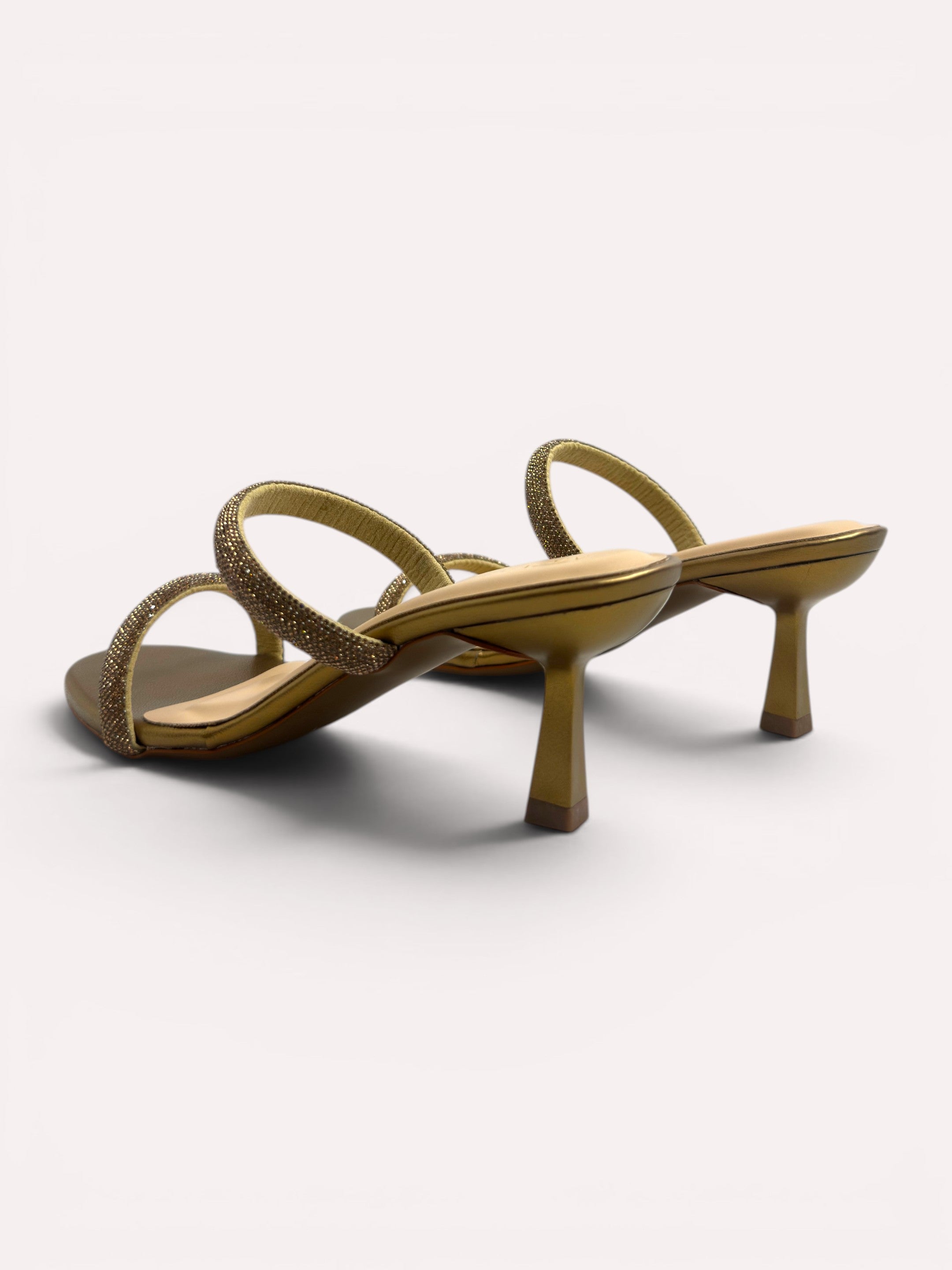 Noir Crystal Dual-Strap Flared Heel Mules – Copper