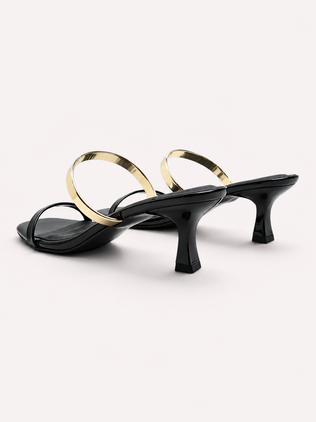 Reva Dual Strap Gold Bar Kitten Heel Mule – Black