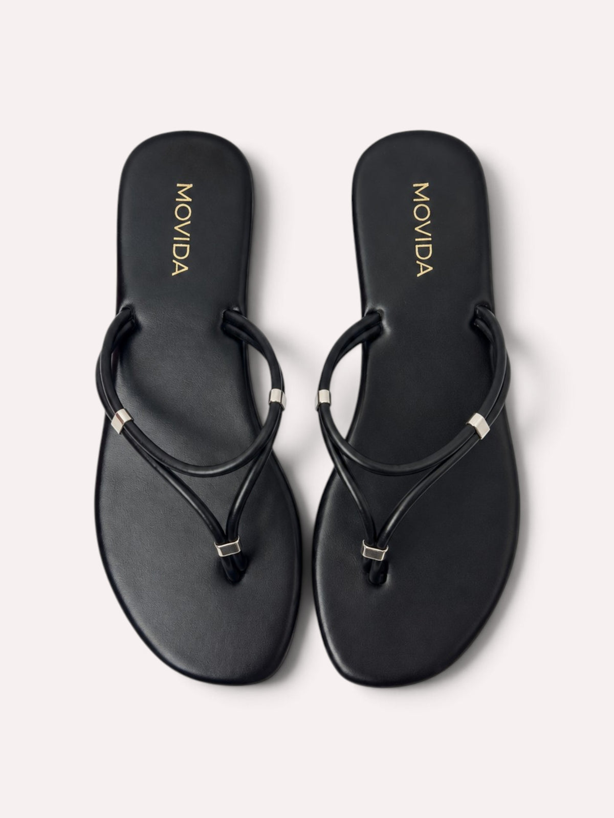 Lino Silver-Trim Dual-Strap Toe-Ring Flat Sandal – Black – Pair Front View