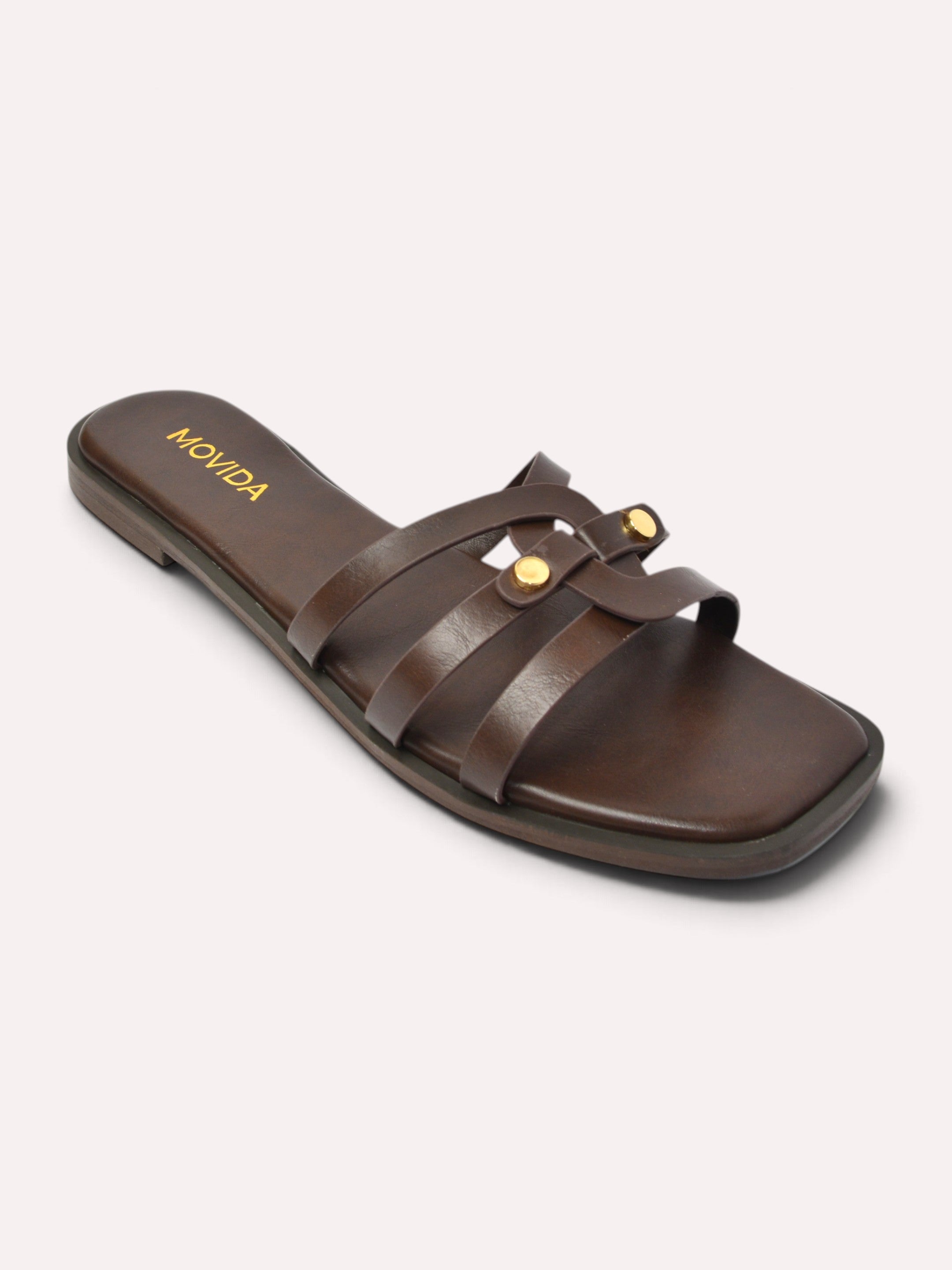 Trio Gold Rivet Triple Strap Flat Slide – Brown