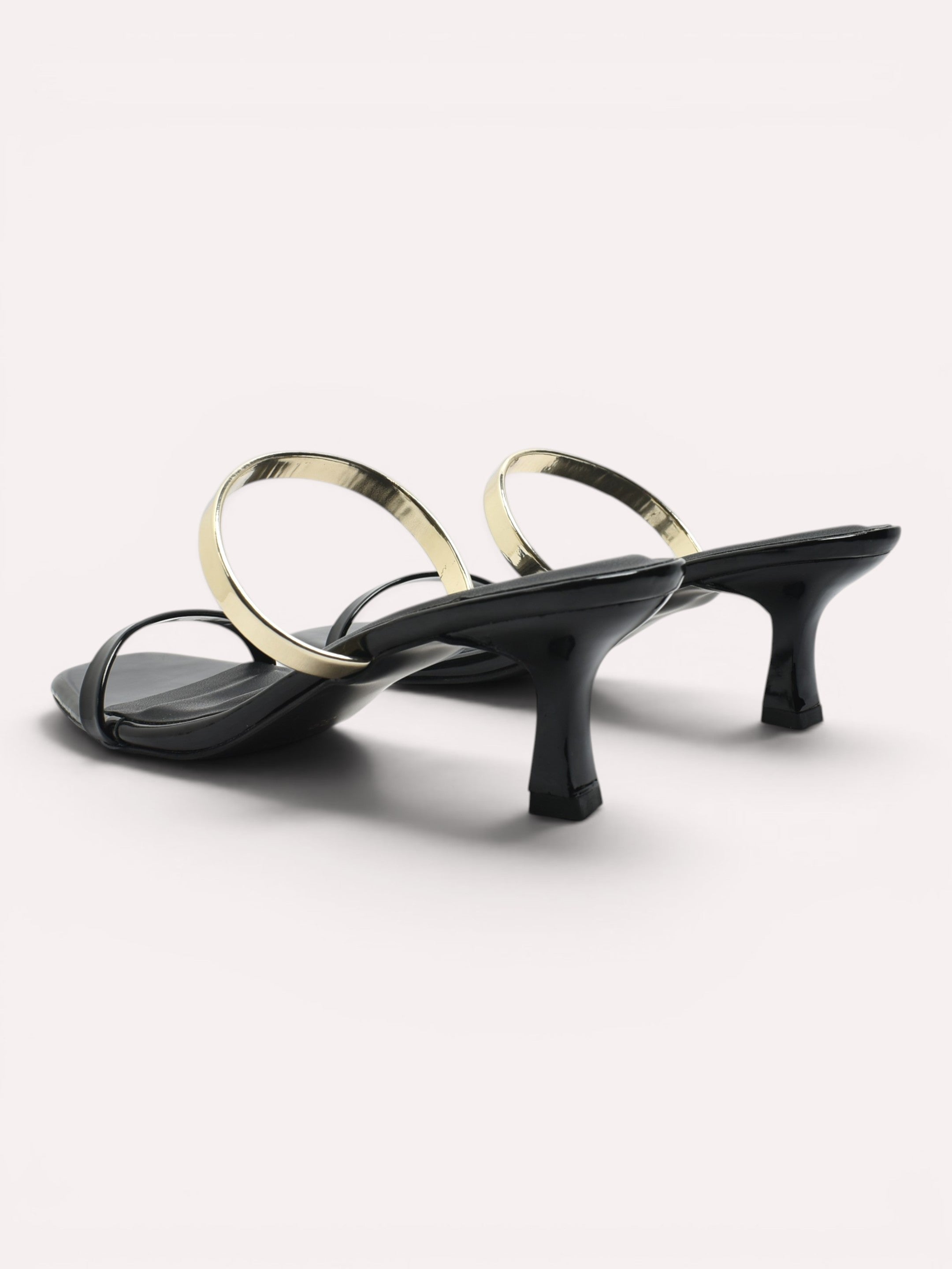 Reva Dual Strap Gold Bar Kitten Heel Mule – Black