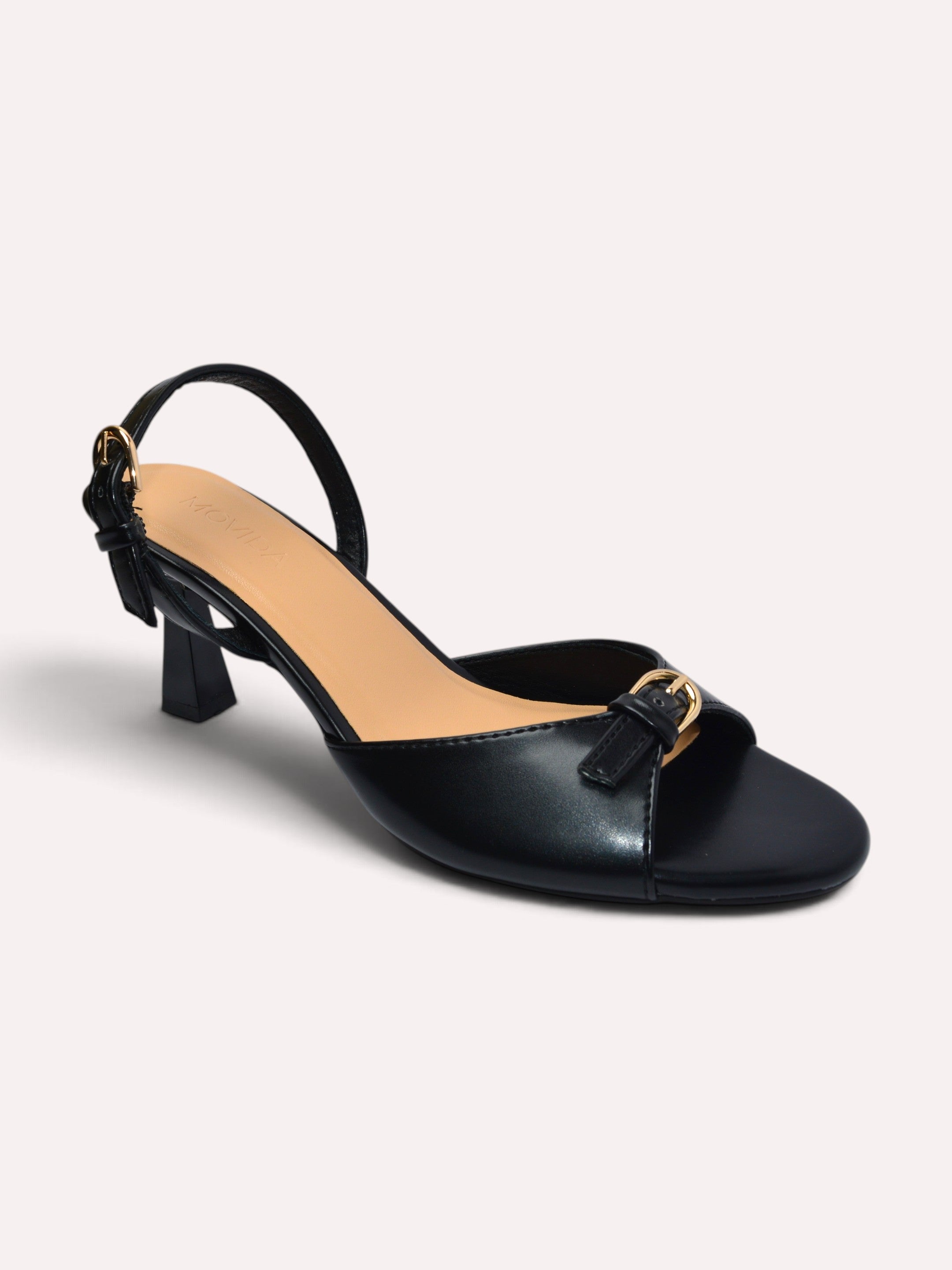 Elara Gold Buckle Strap Trumpet Heel Slingback – Black