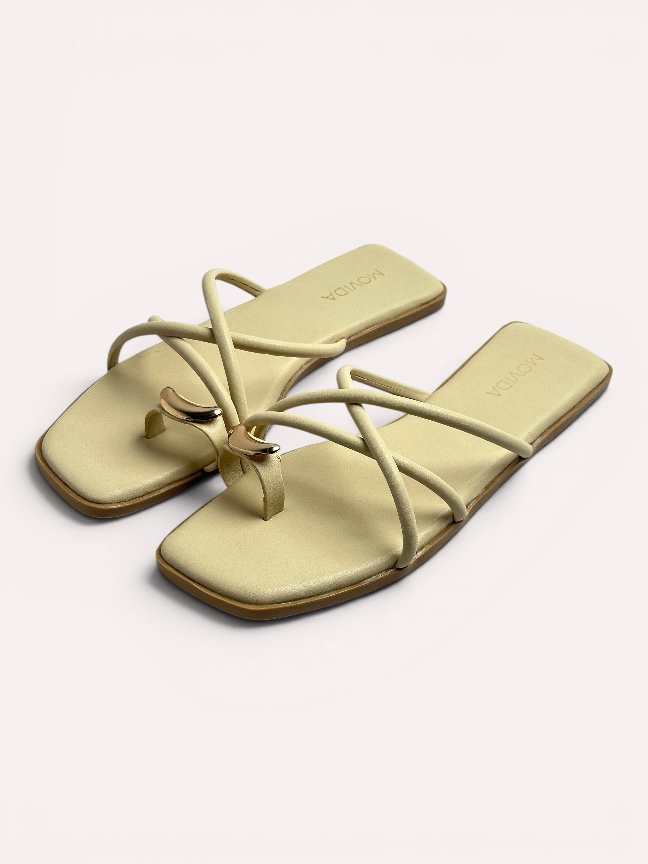 Luna Crescent Multi-Strap Toe Ring Flat Slide - Cream