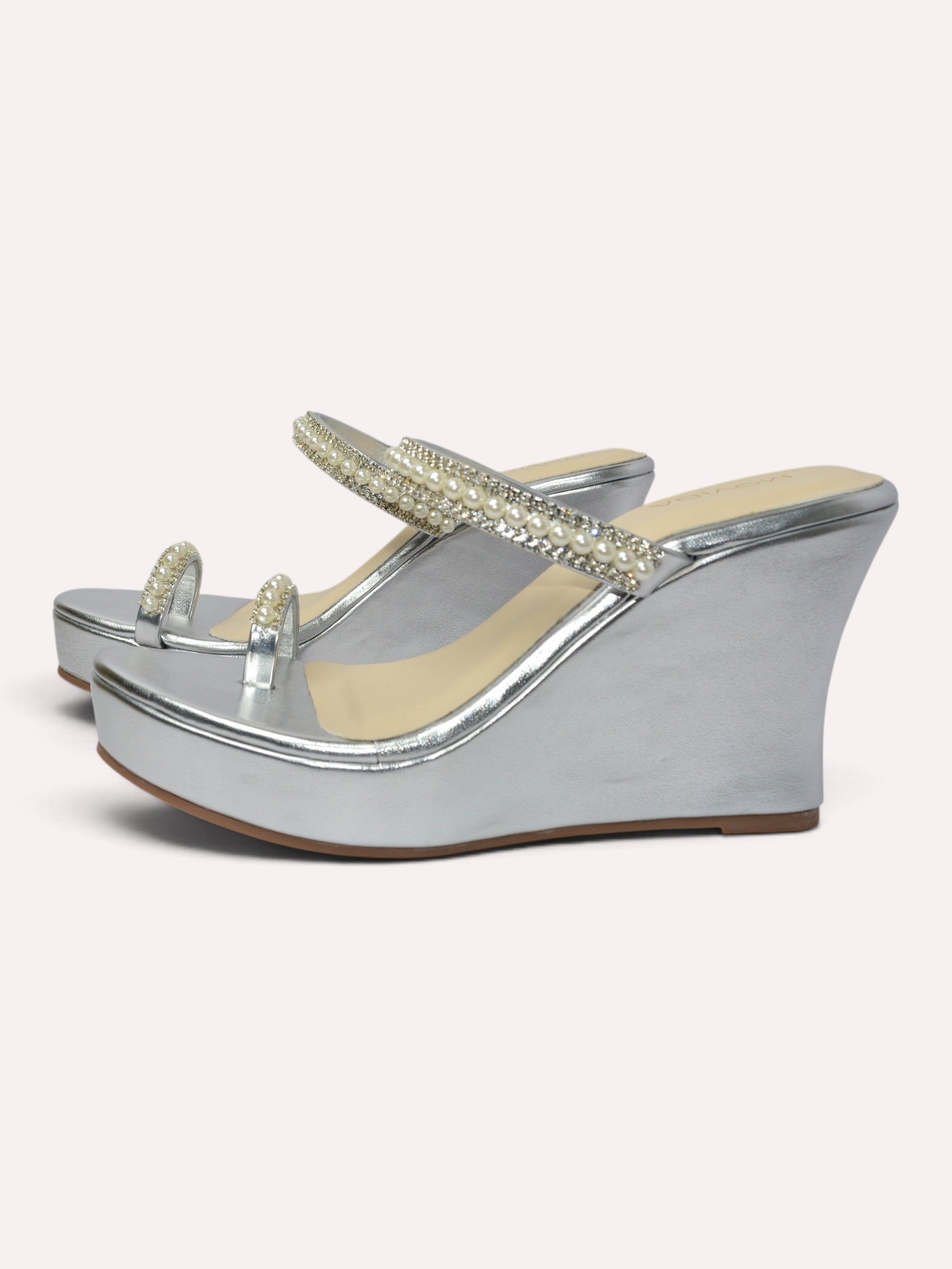  Zara Pearl Crystal Toe Ring Wedge Mule – Silver