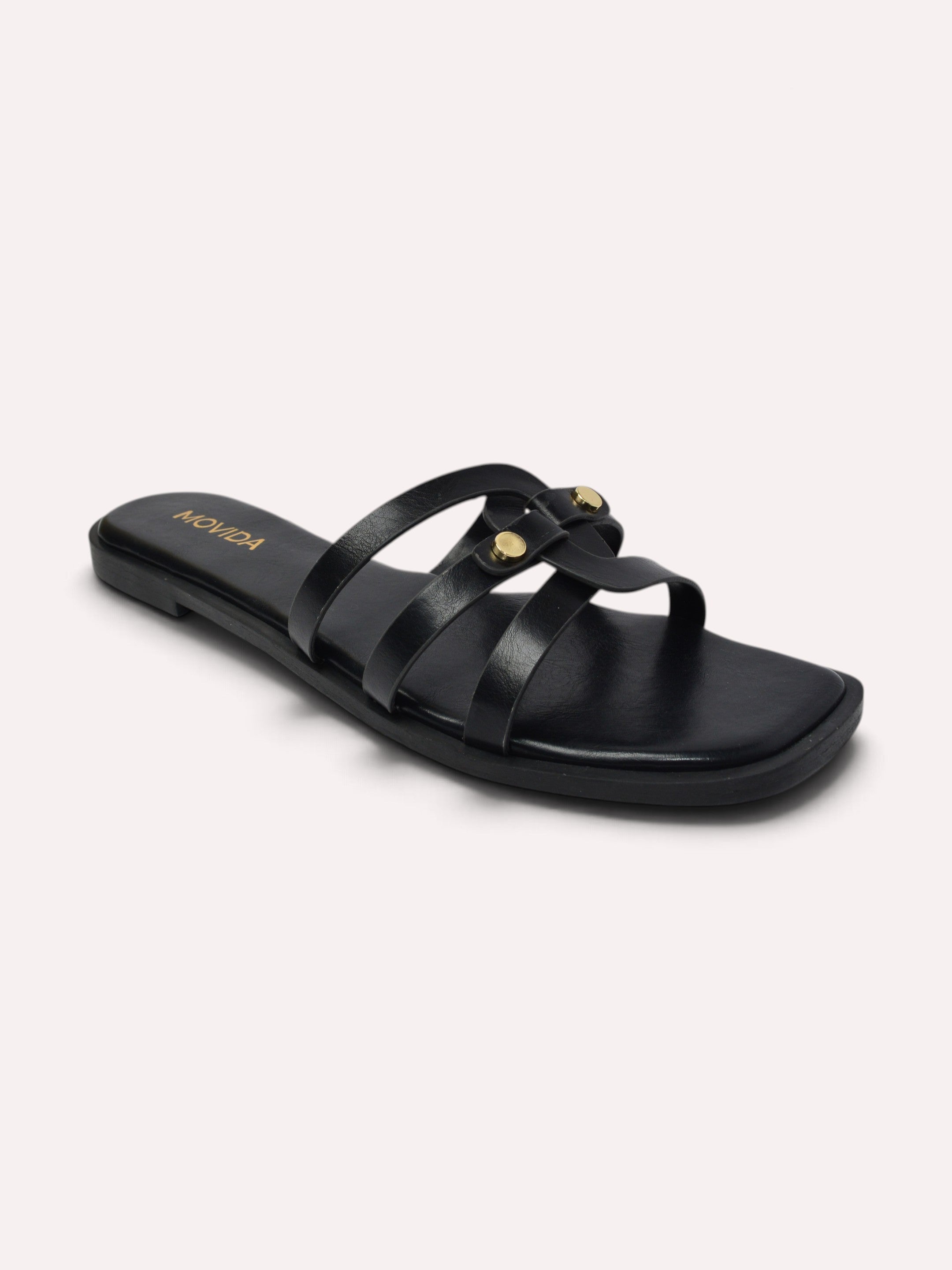Trio Gold Rivet Triple Strap Flat Slide – Black