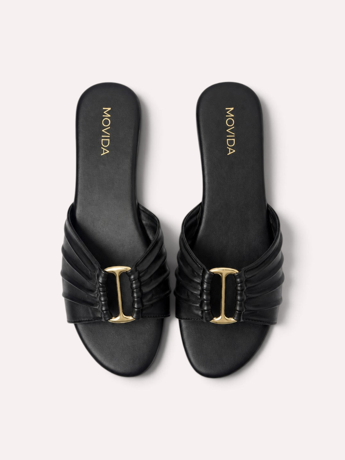 Plisse Gold-Bar Multi-Strap Flat Slide – Black – Pair Flat Lay View