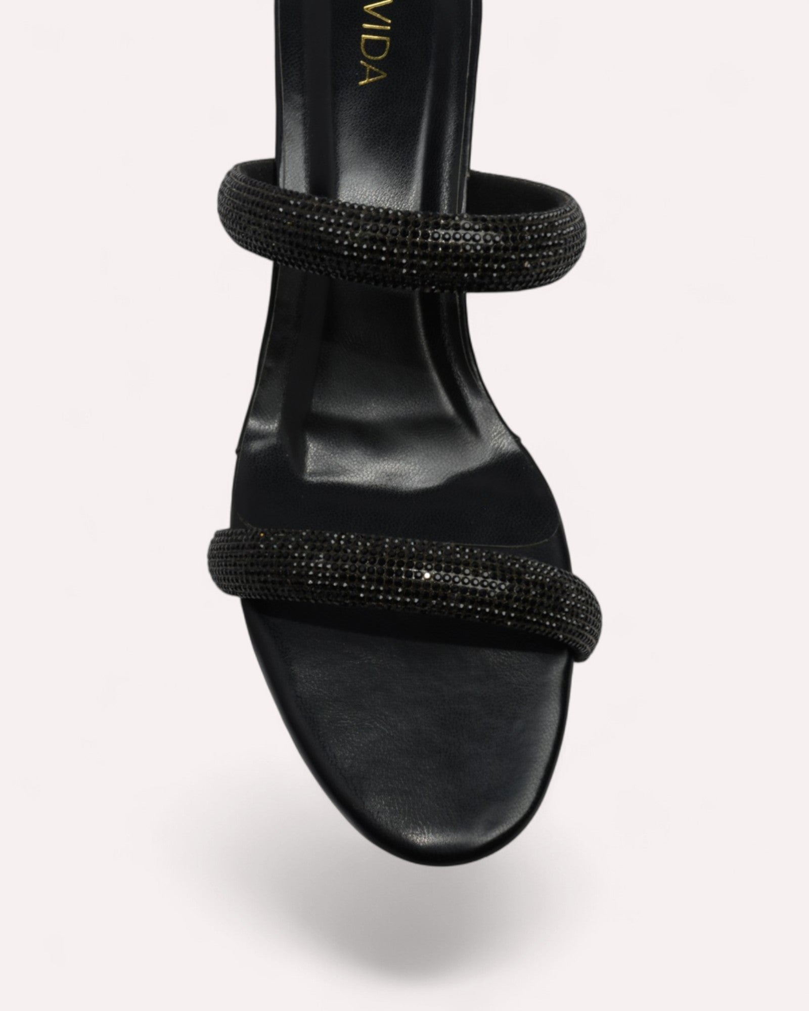Noir Crystal Dual-Strap Flared Heel Mules – Black