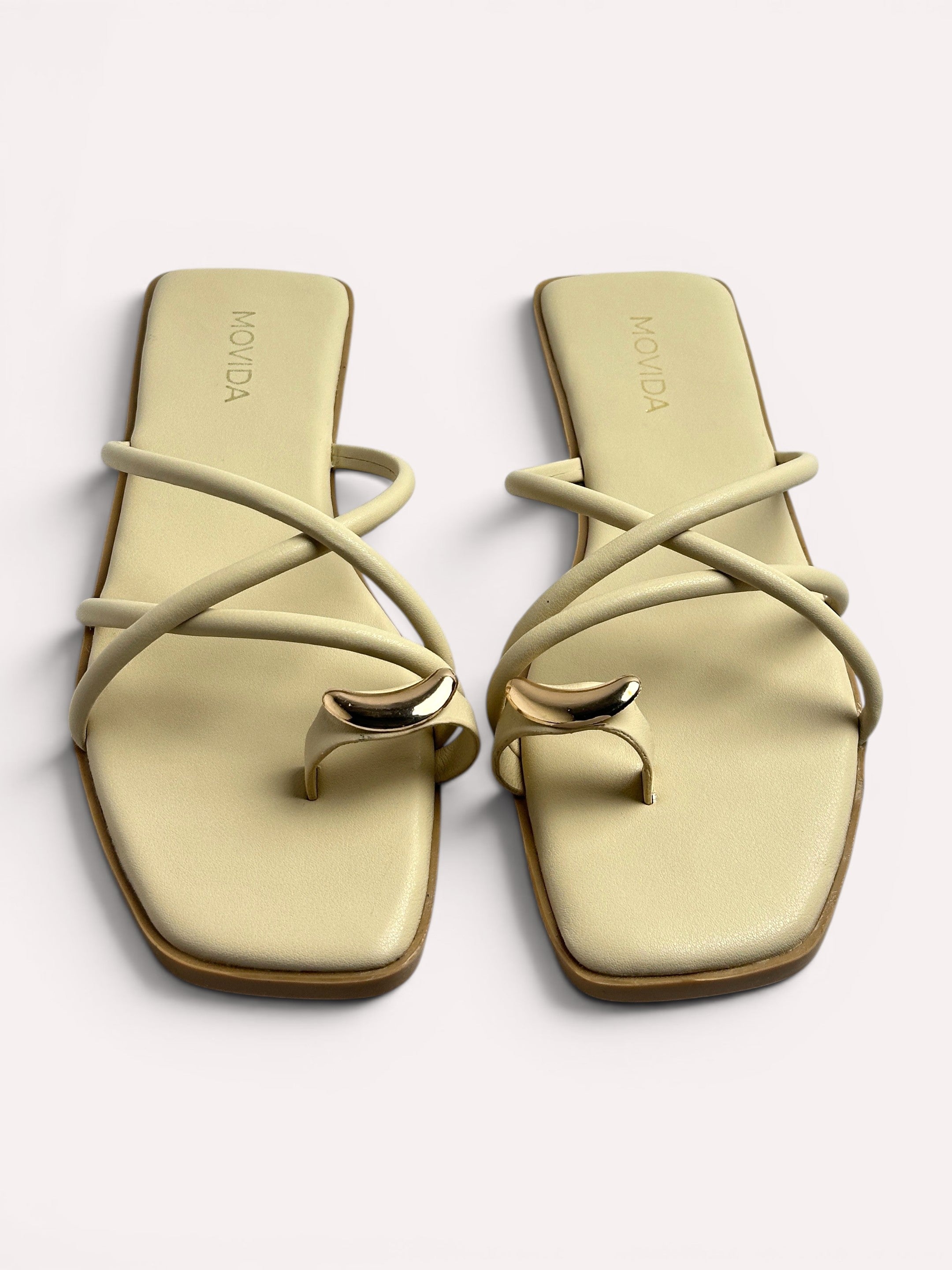Luna Crescent Multi-Strap Toe Ring Flat Slide - Cream