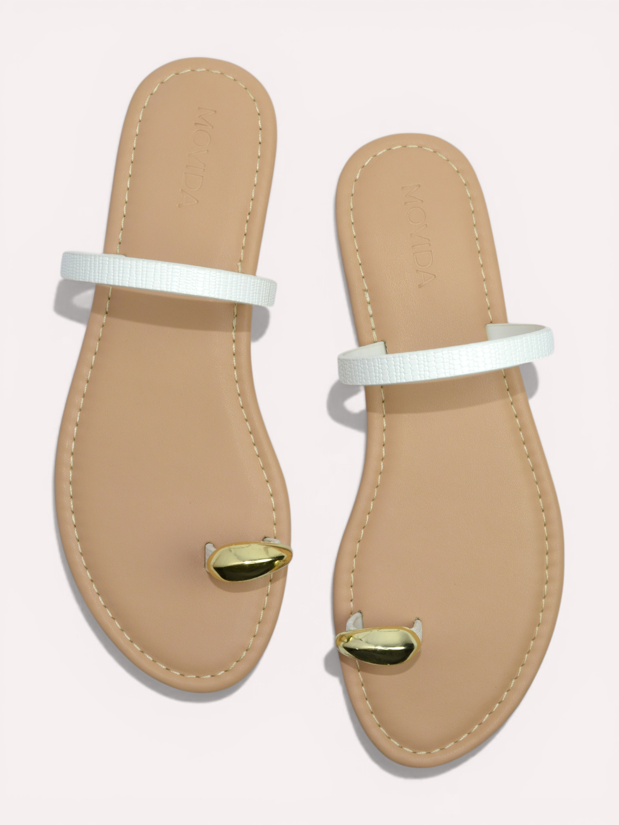 Classic Flat Metallic Toe Ring Sandal - White Beige