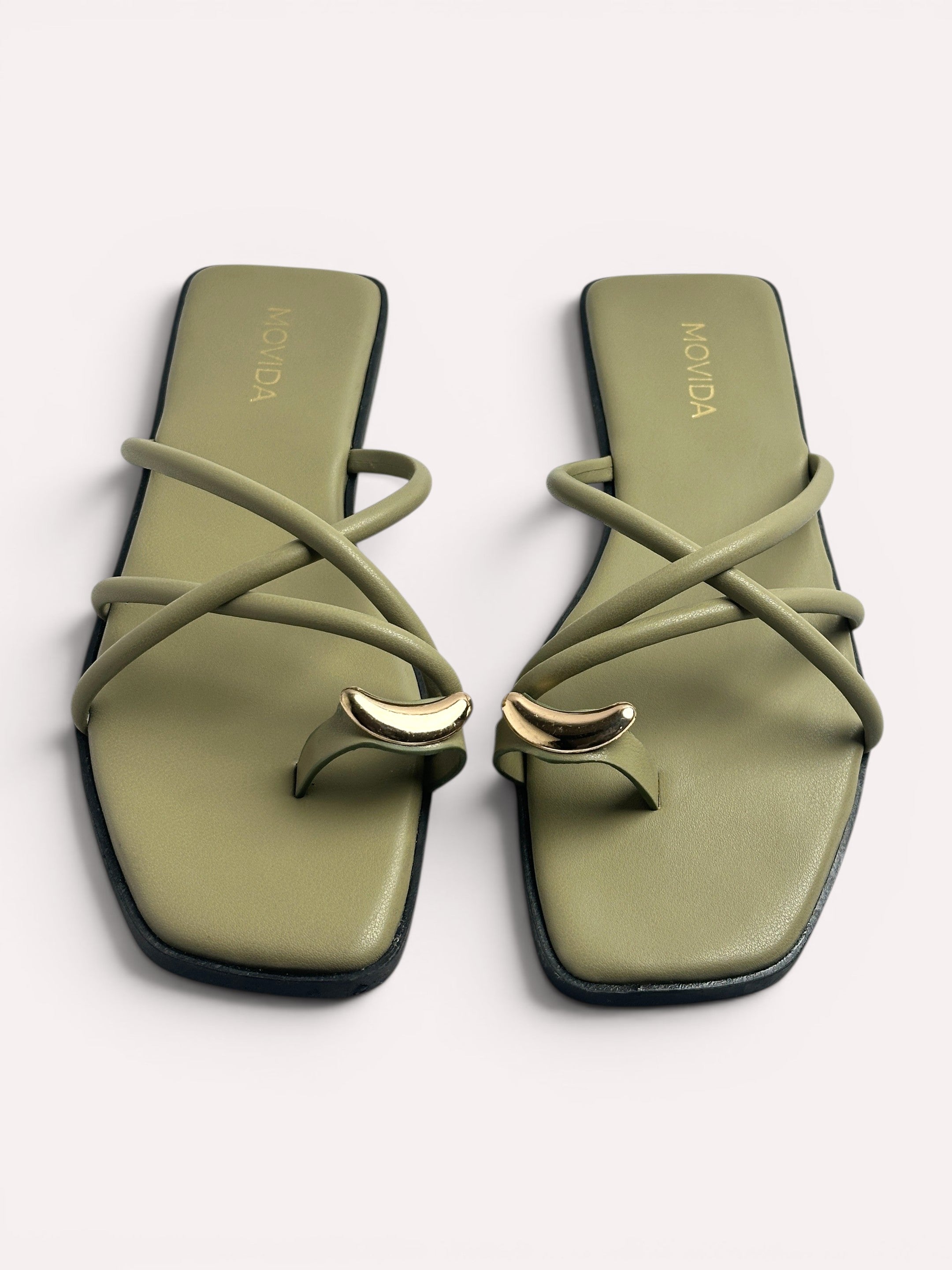 Luna Crescent Multi-Strap Toe Ring Flat Slide - Olive