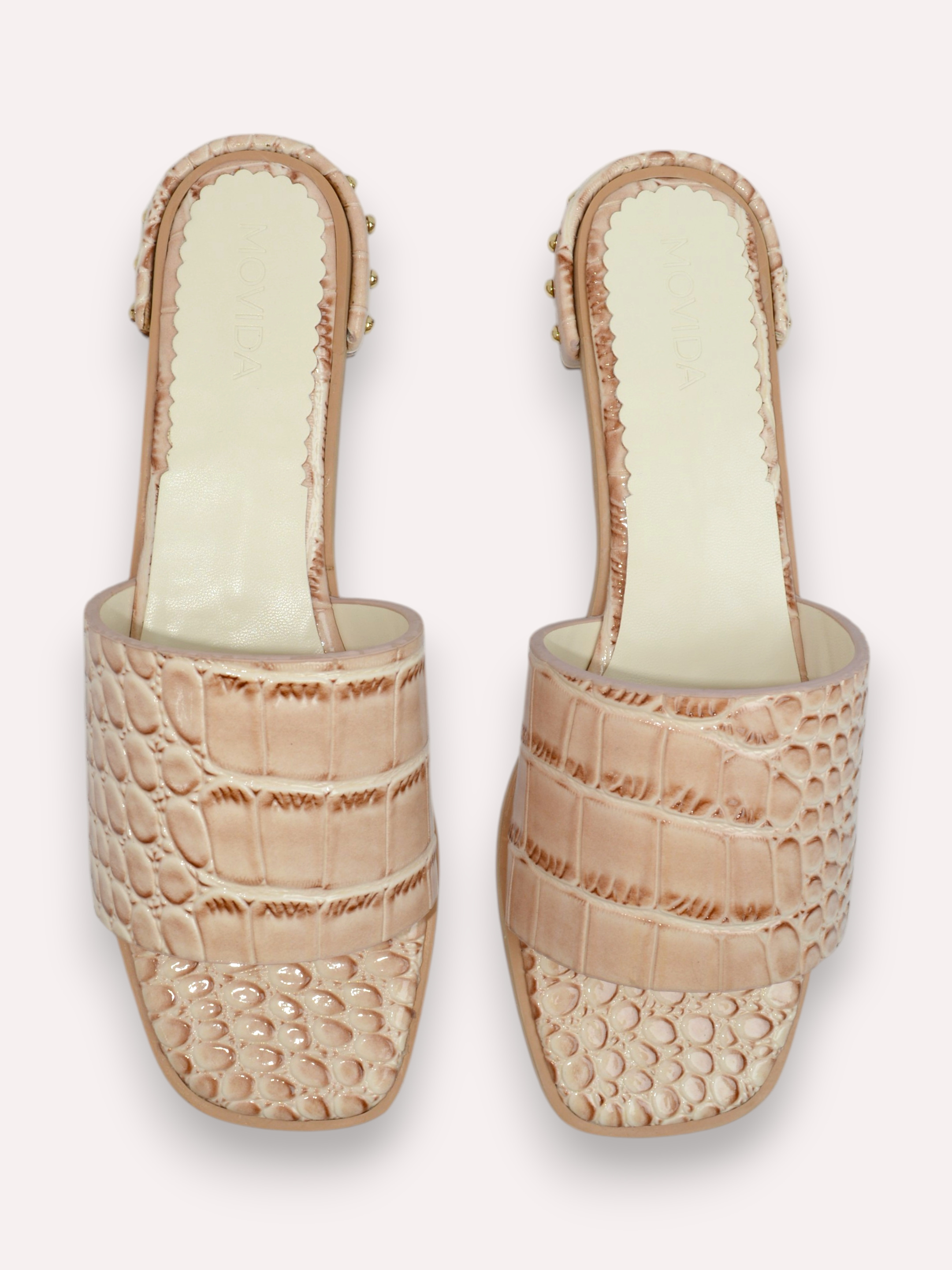 Harlow Patent Croco H-Bar Stud Slide – Beige