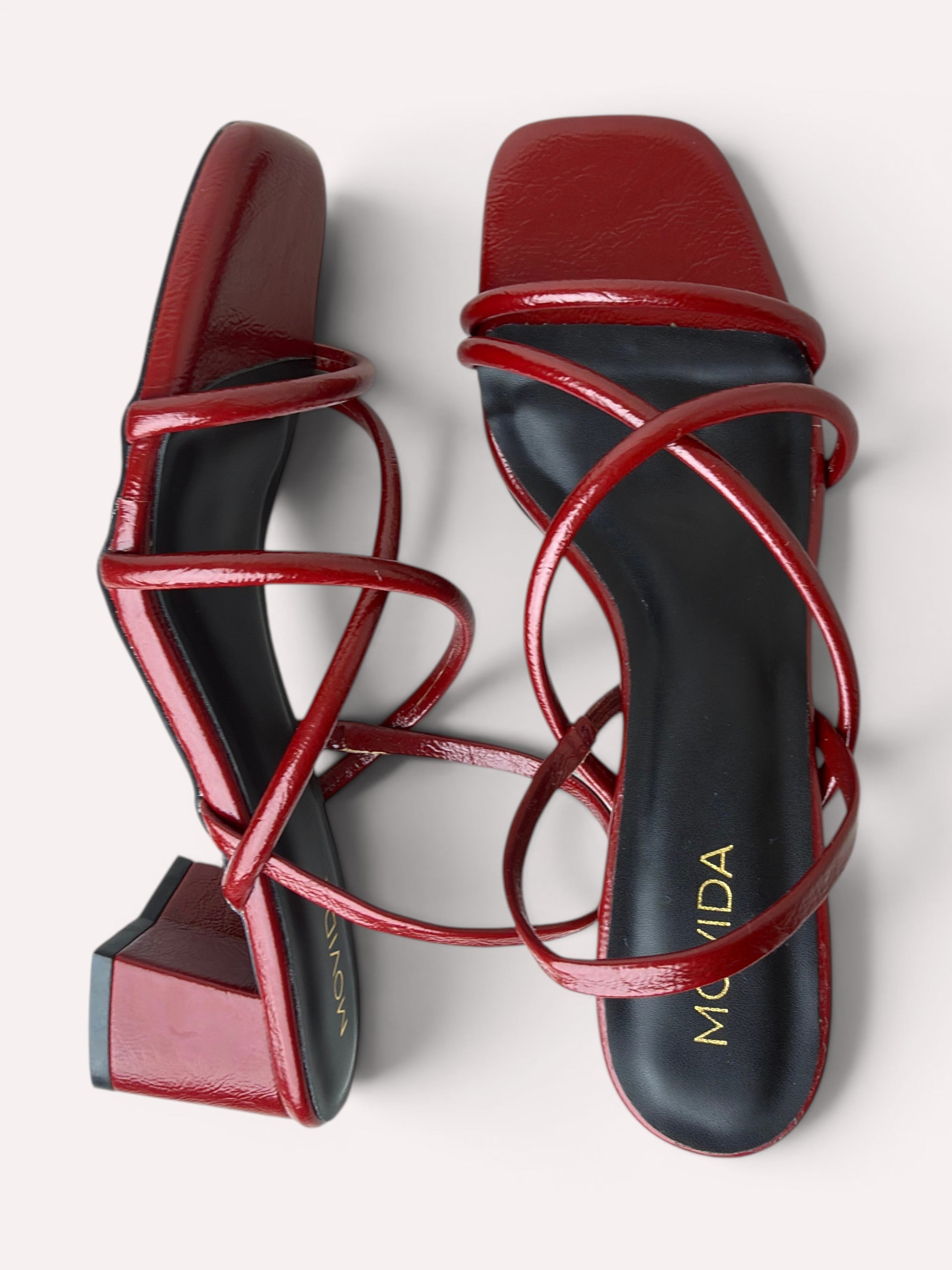 Scarlett Crinkle Patent Multi-Strap Block Heel Mule – Cherry Red